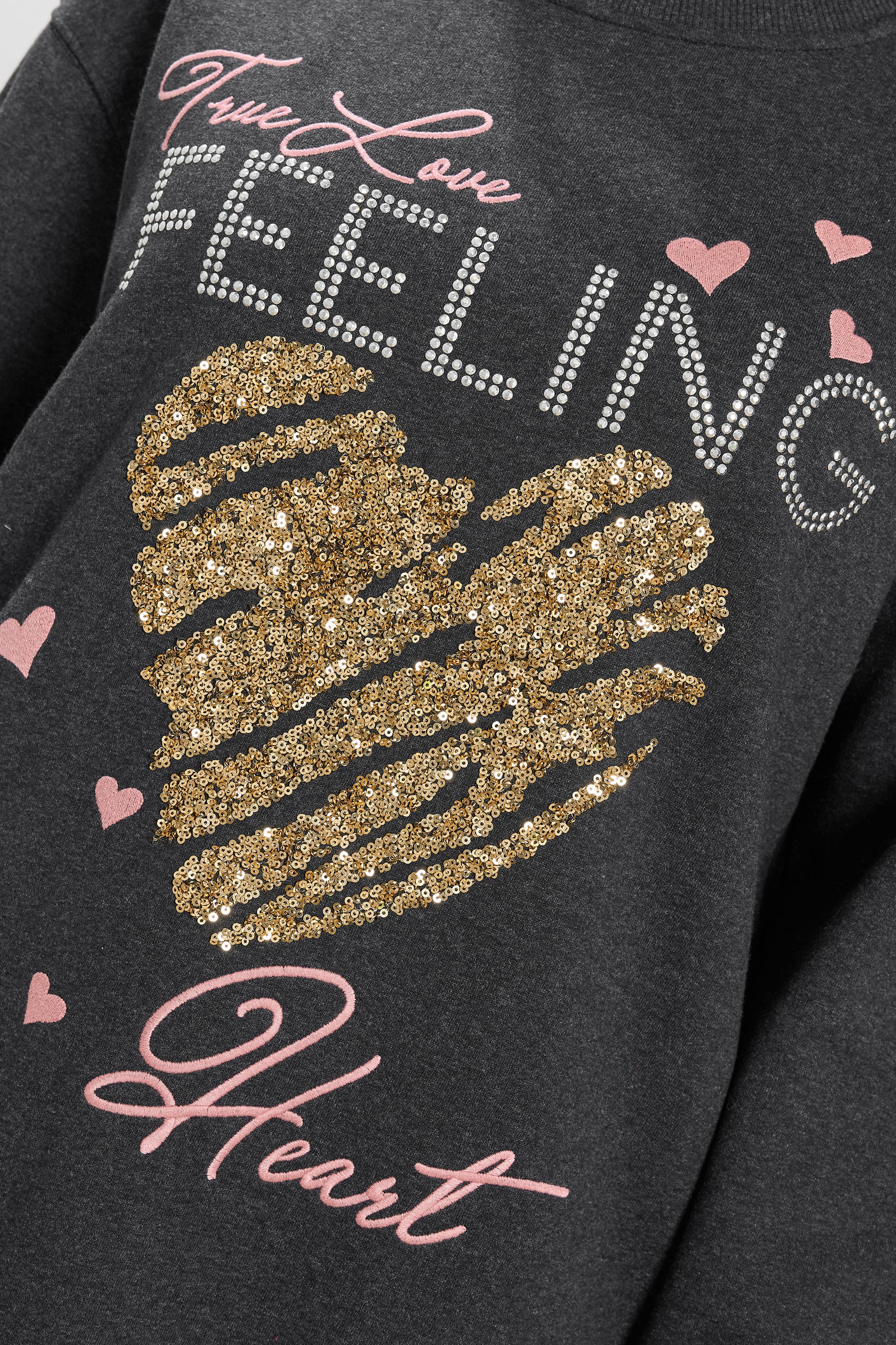 YOURS Curve Grey 'True Love Feeling' Heart Embellished Sweatshirt | Yours Clothing 4