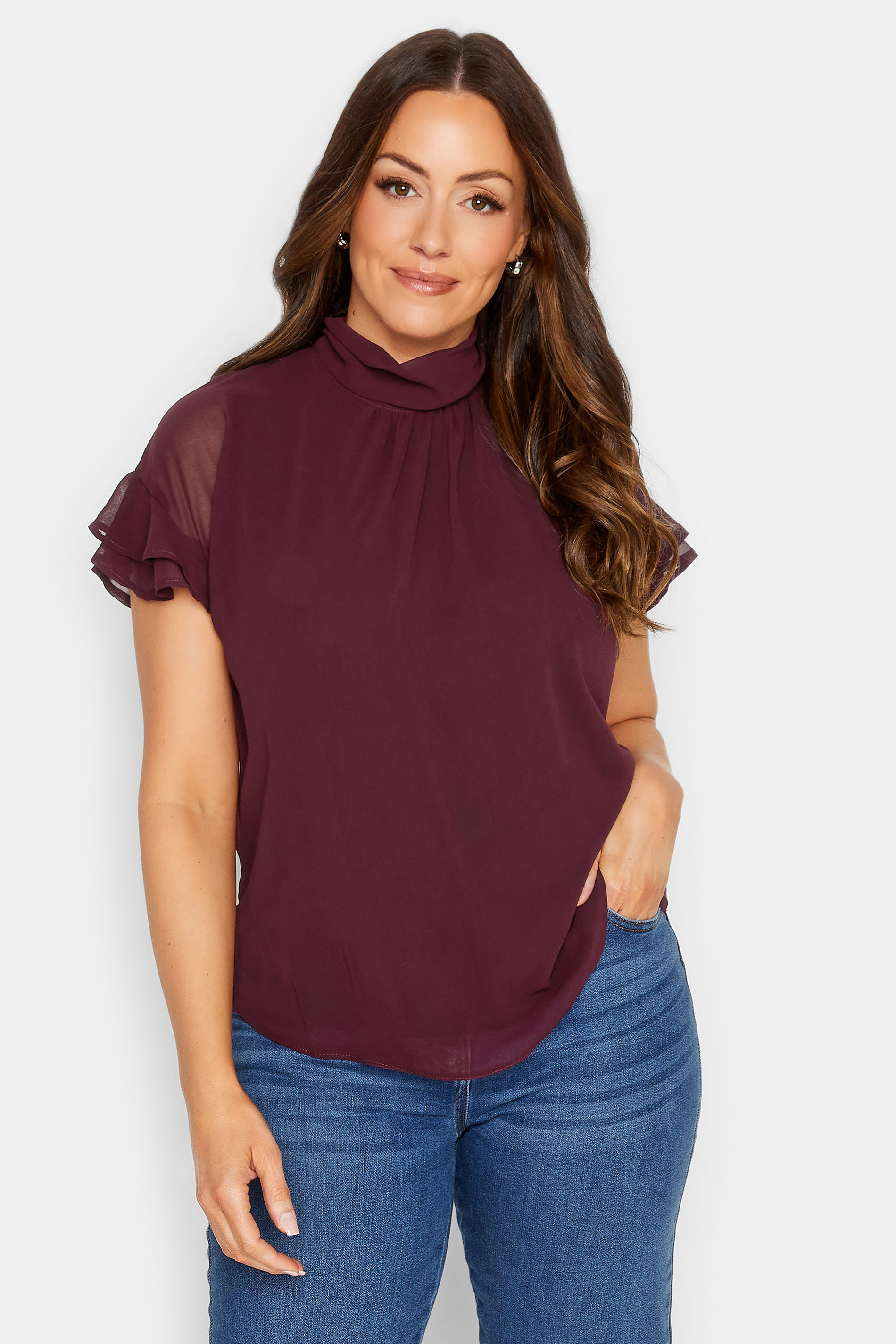 M&Co Dark Red High Neck Frill Sleeve Blouse | M&Co 1
