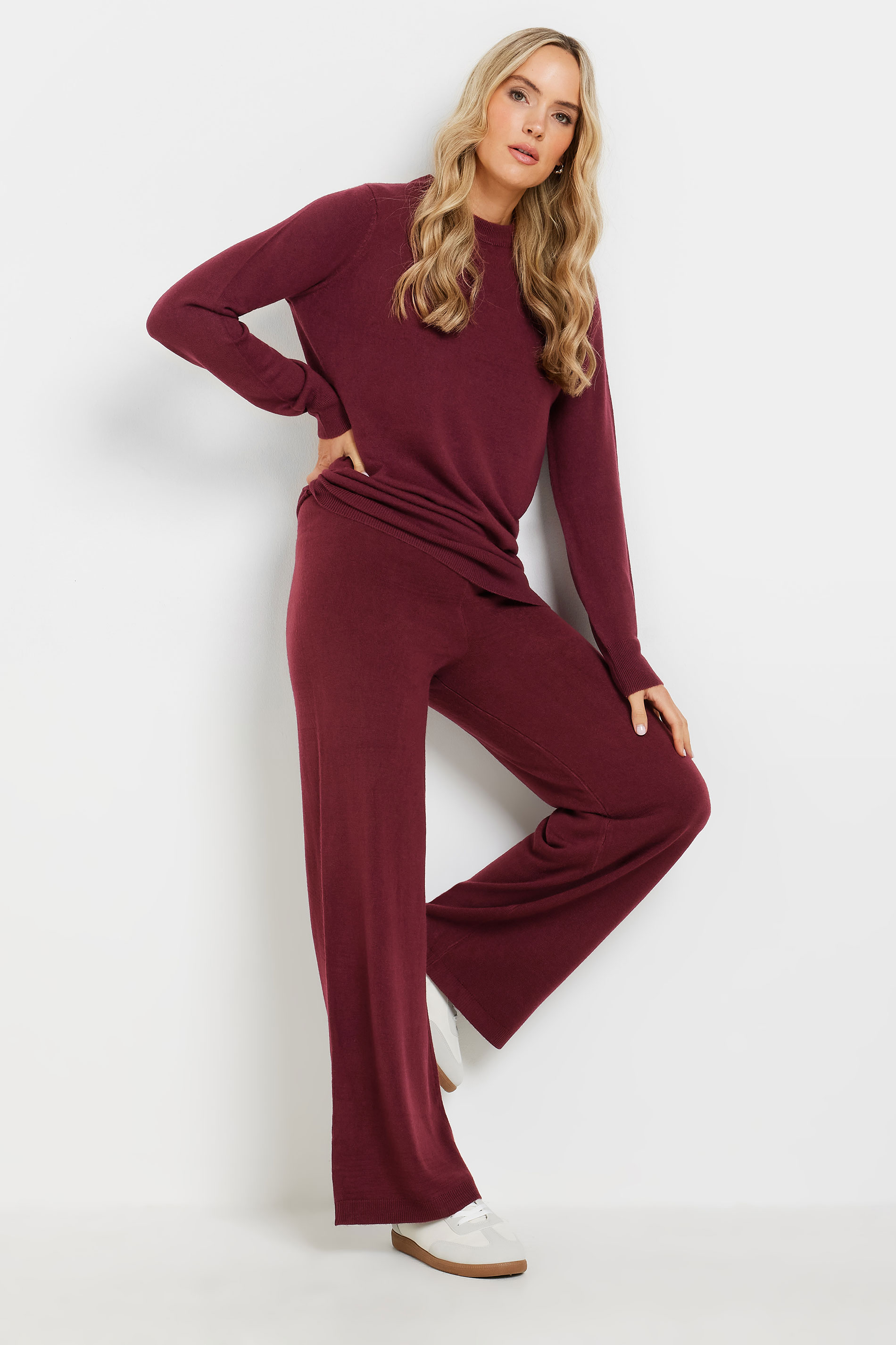 LTS Tall Burgundy Red Knitted Wide Leg Trousers | Long Tall Sally 3