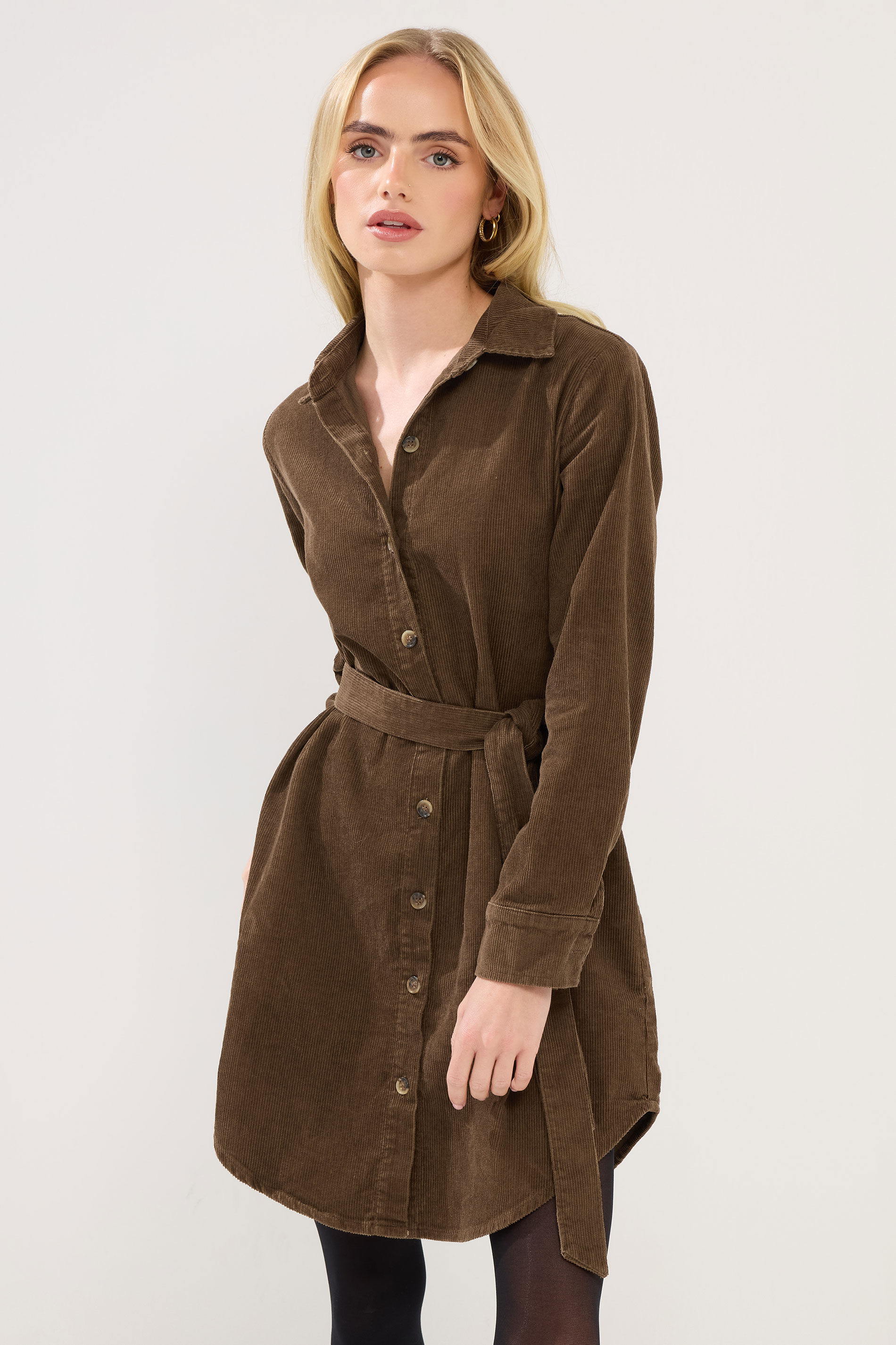 PixieGirl Petite Women's Chocolate Brown Cord Belted Cotton Midi Dress | PixieGirl 3
