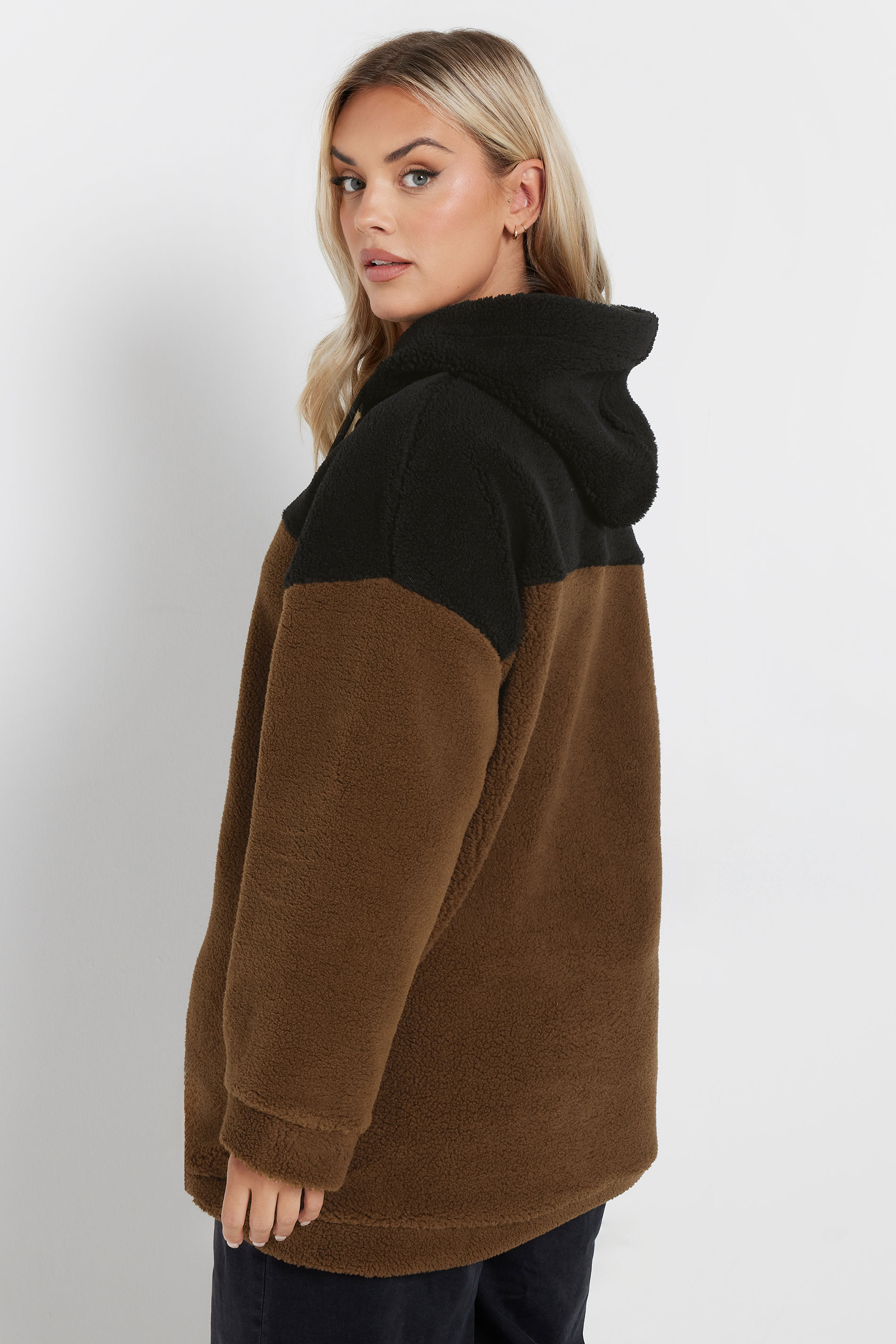 YOURS Plus Size Brown & Black Colourblock Teddy Fleece Hoodie | Yours Clothing  4