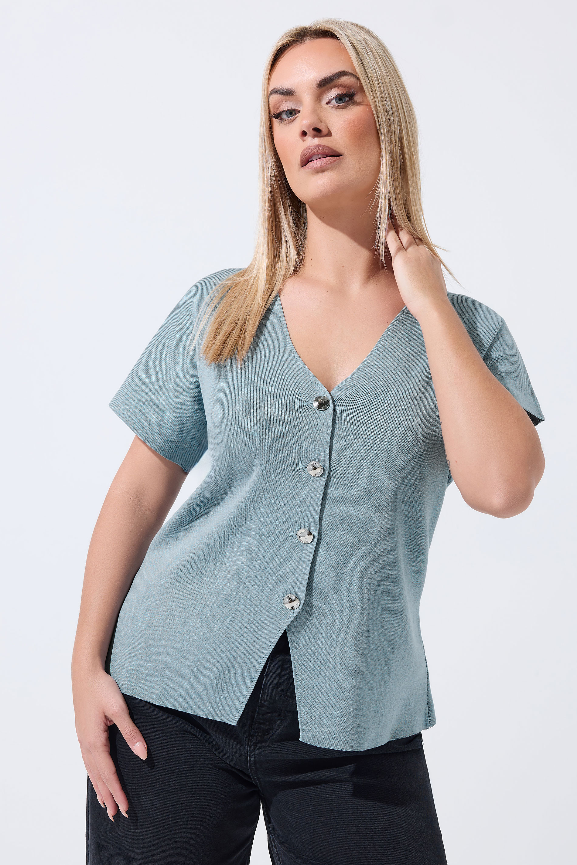 LIMITED COLLECTION Plus Size Blue Short Sleeve Knitted Top | Yours Clothing 3