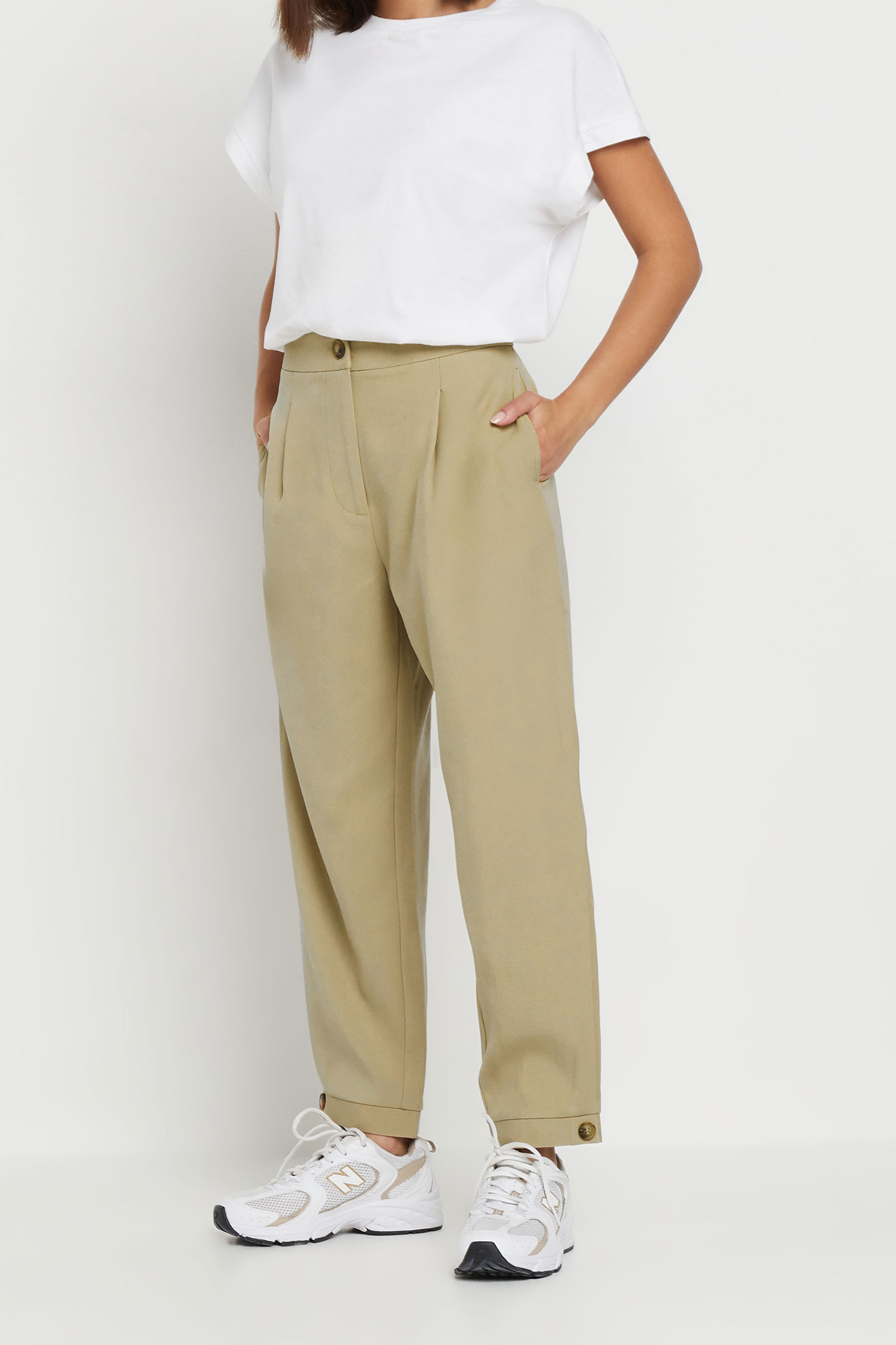 PixieGirl Petite Women's Stone Brown Tailored Barrel Button Trousers | PixieGirl 1