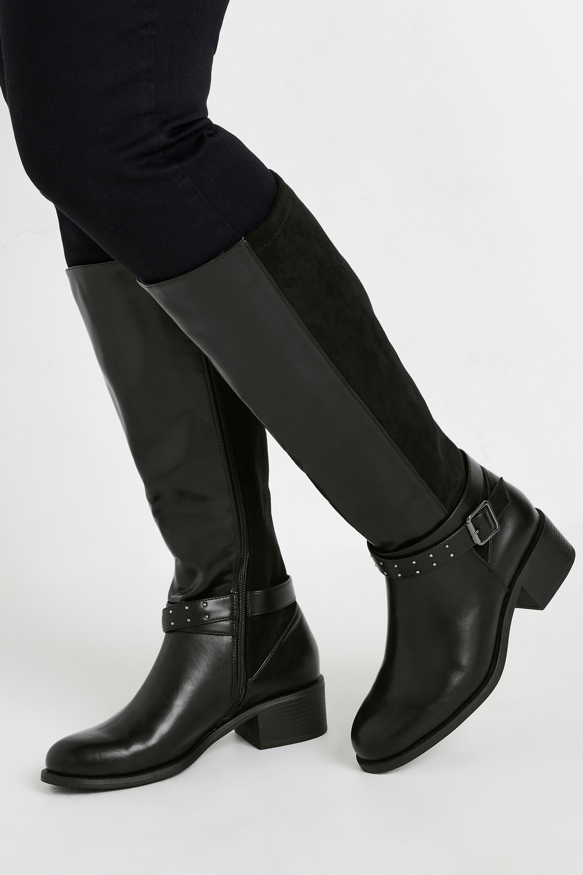 Black Faux Leather Buckle Detail Knee High Boots In Extra Wide EEE Fit | Yours Clothing 3