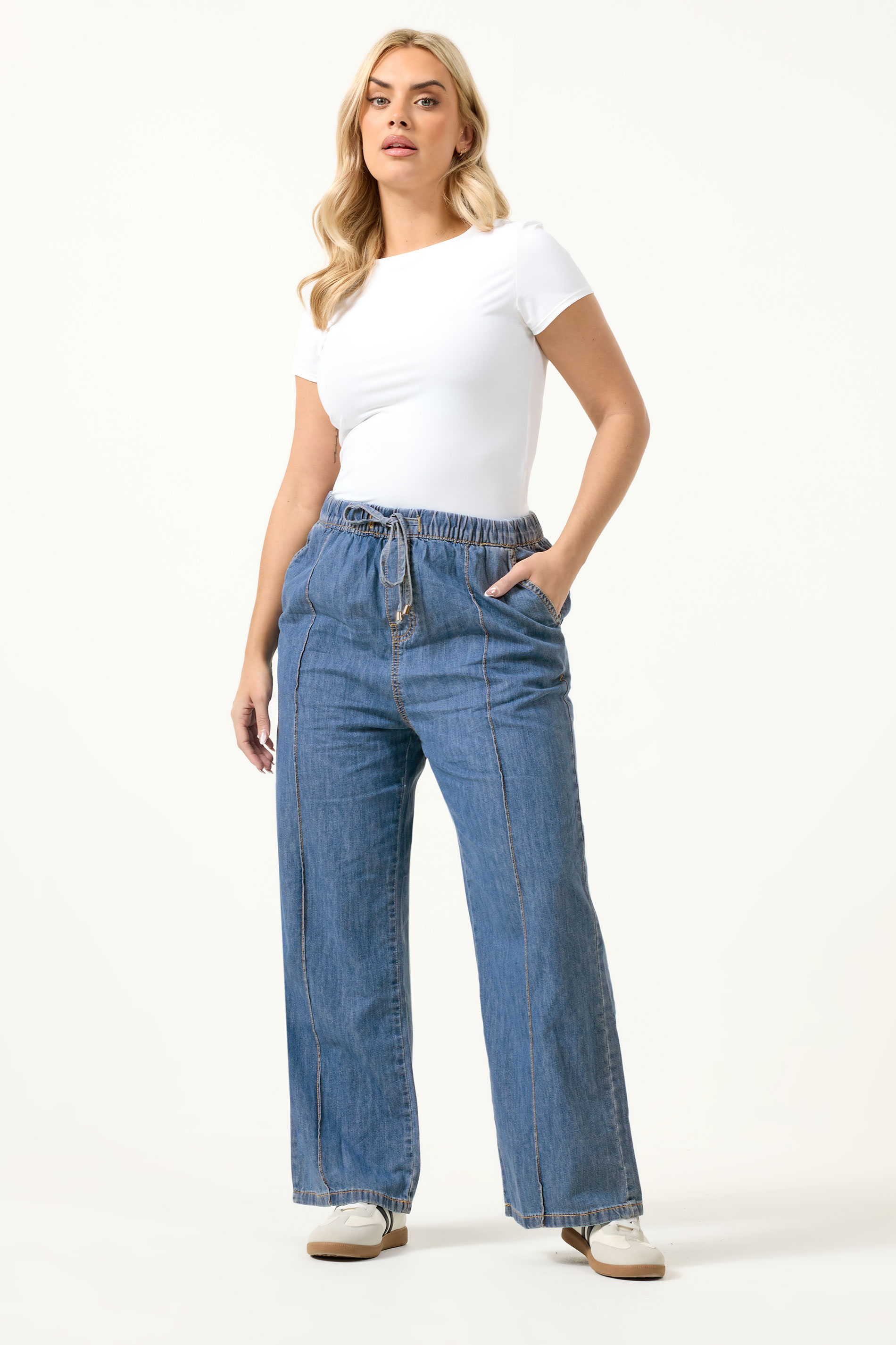 YOURS Plus Size Mid Blue Seam Front Wide Leg Jeans | Yours Clothing 1