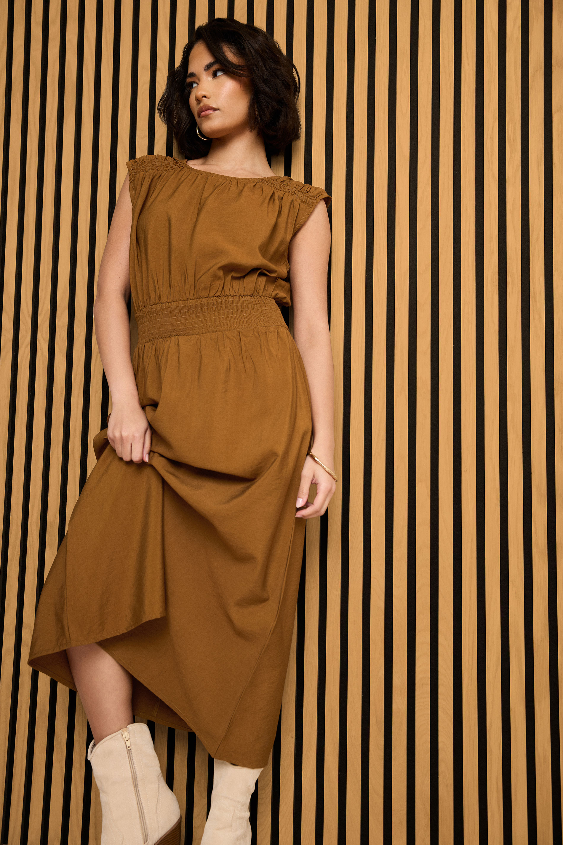 PixieGirl Petite Women's Brown Shirred Waist Maxi Dress | PixieGirl 1