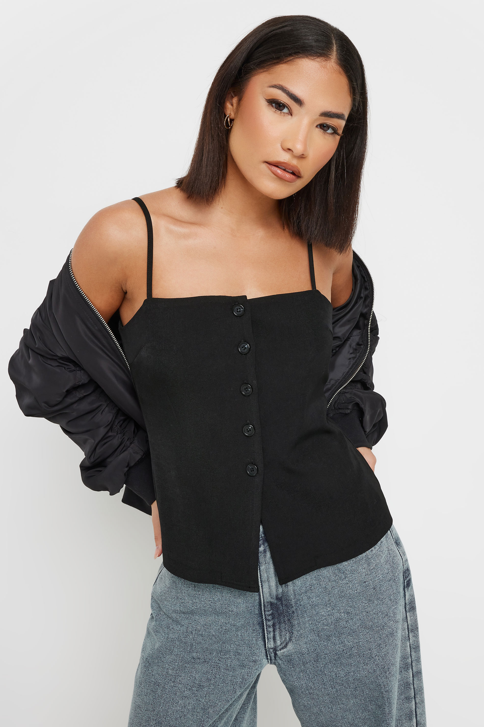 PixieGirl Petite Women's Black Structured Button Vest Top | PixieGirl 1