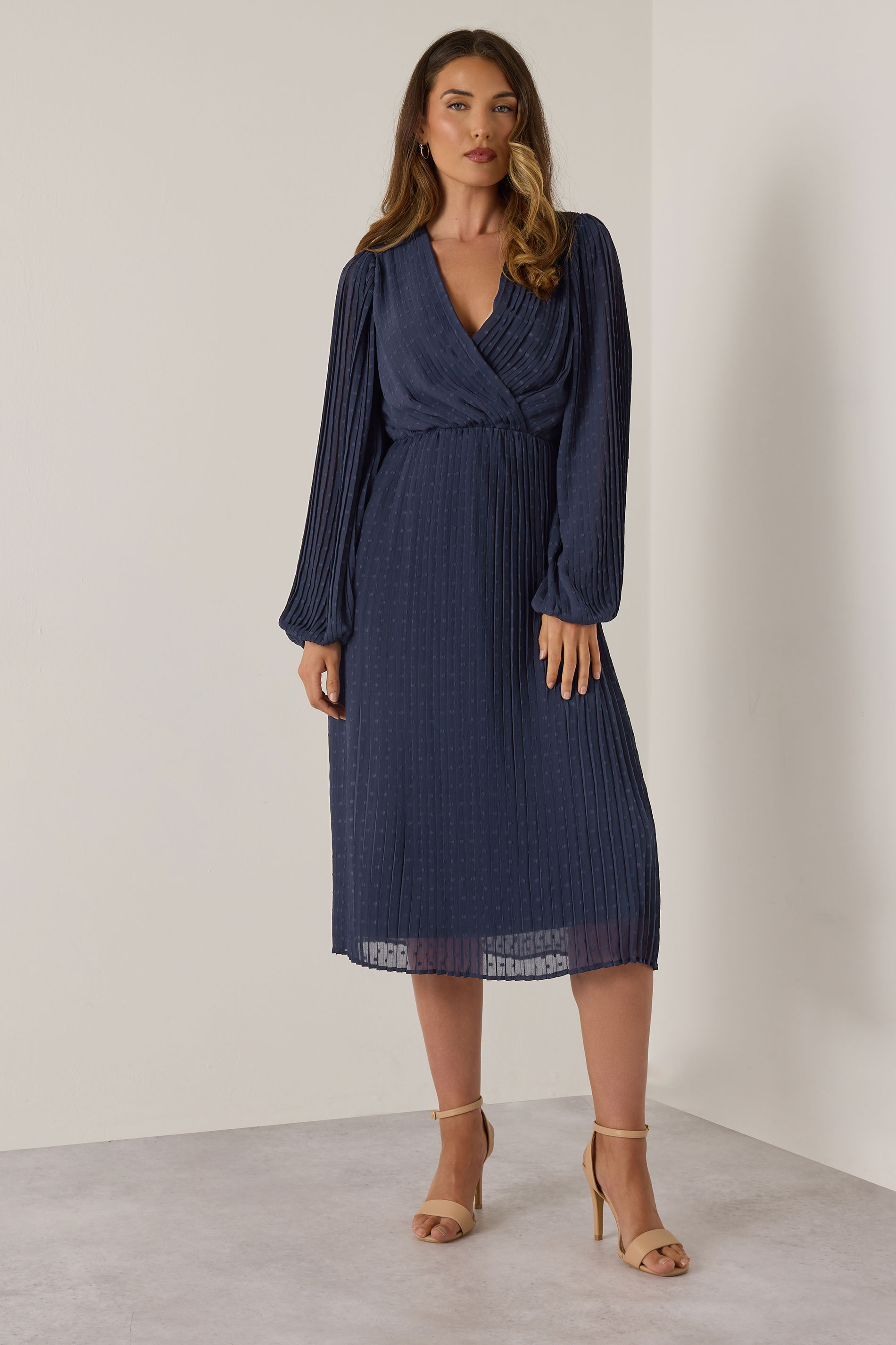LTS Tall Navy Blue Chiffon Dobby Pleated Wrap Midi Dress | Long Tall Sally 1