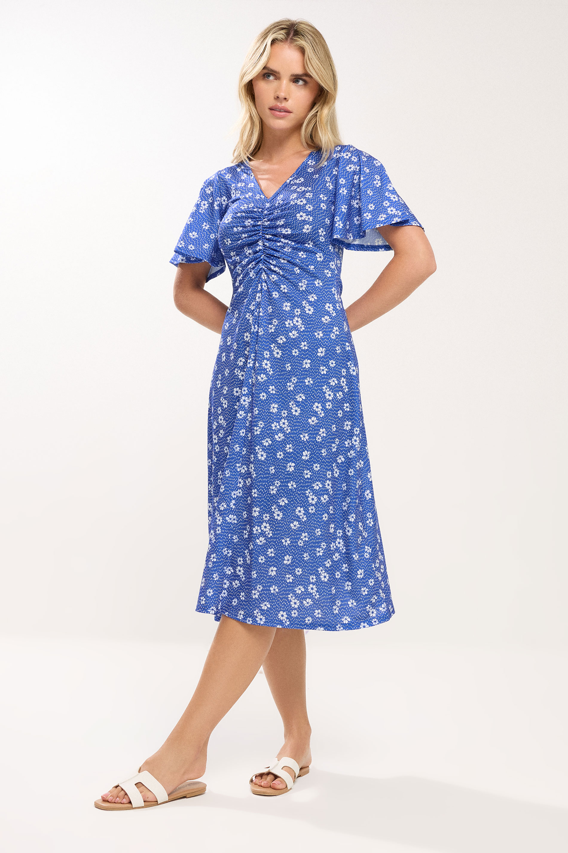 M&Co Petite Blue Ditsy Floral Print Flutter Sleeve Dress | M&Co 3