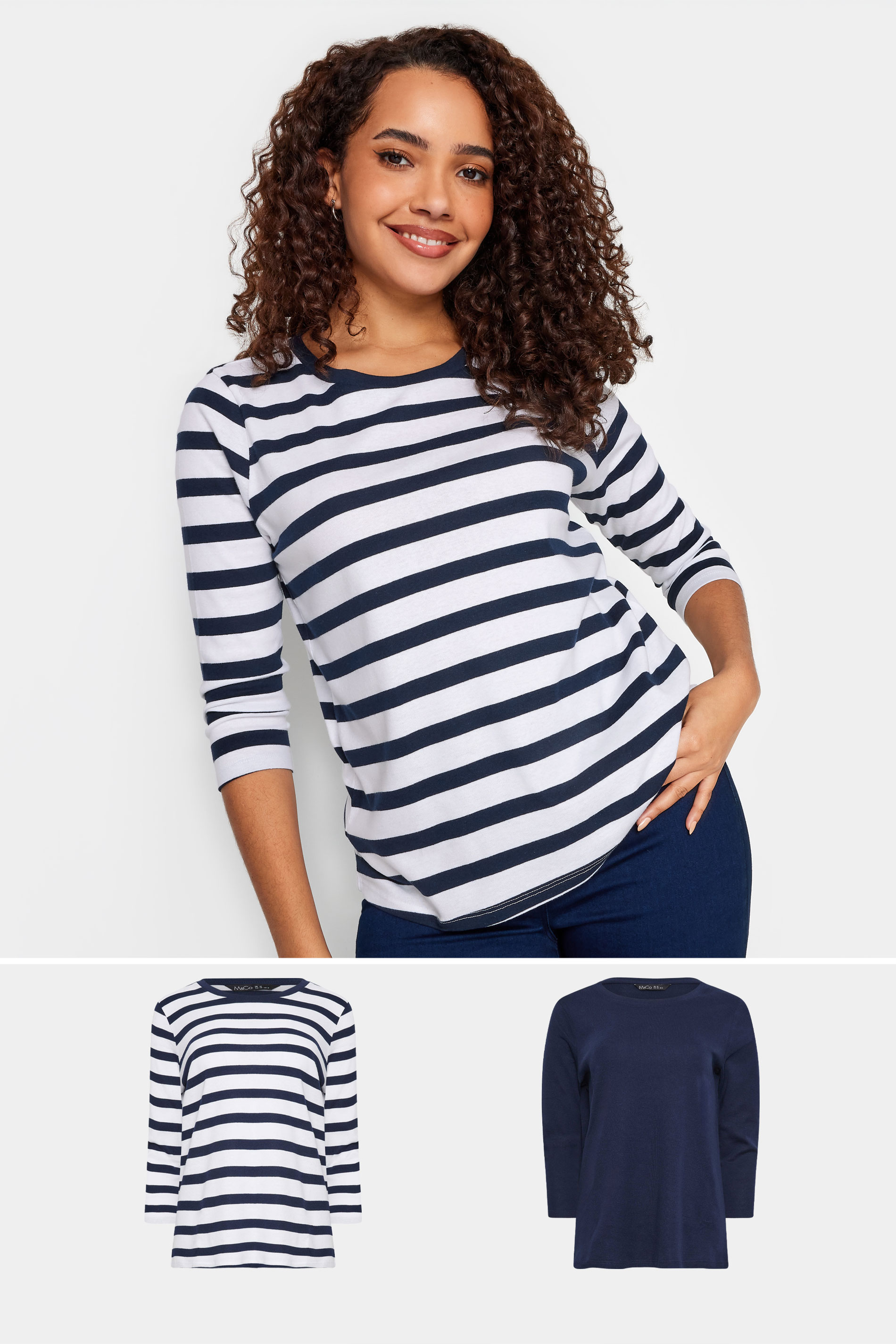 M&Co 2 Pack Navy Blue Striped & Plain 3/4 Sleeve Cotton Tops | M&Co 1