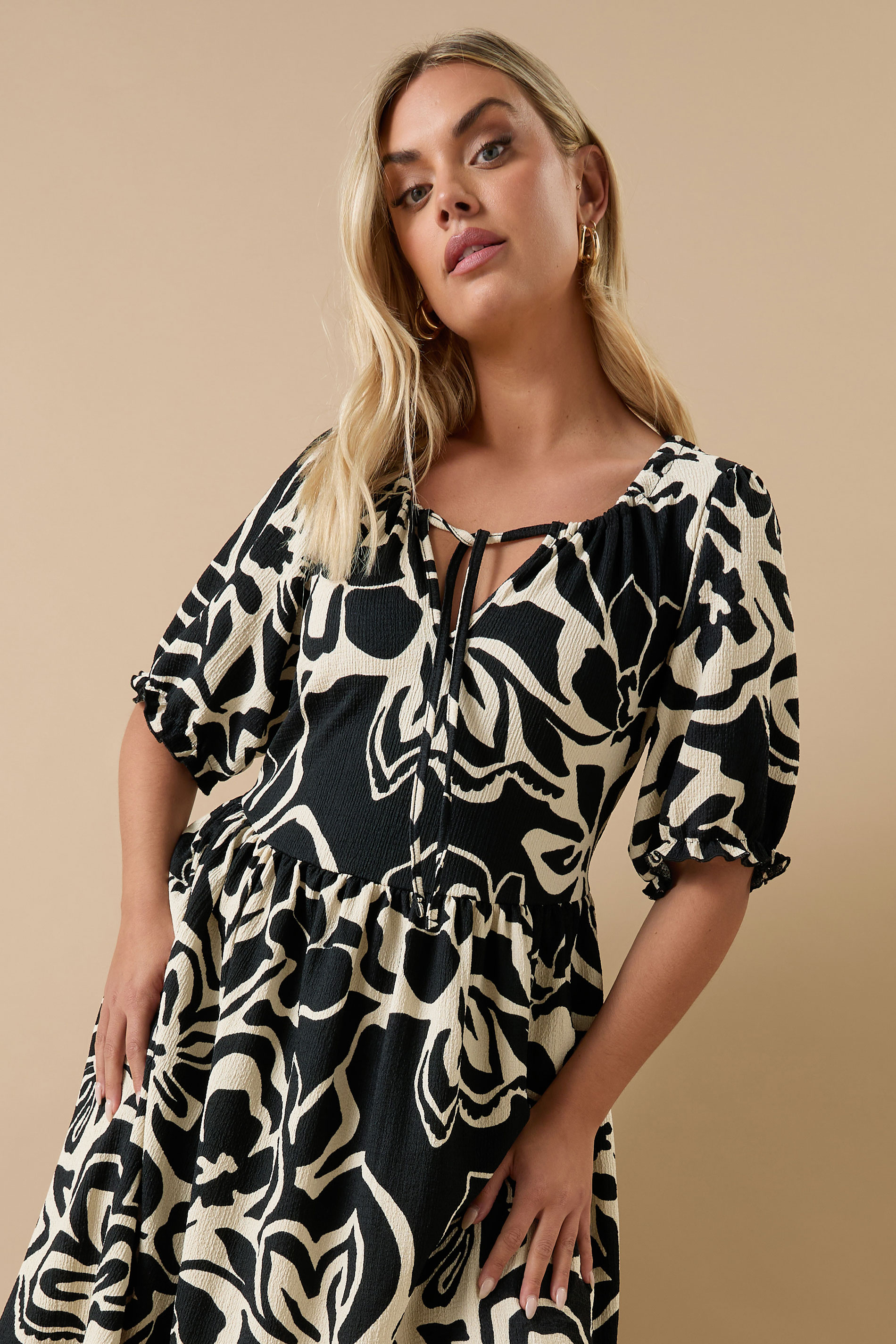 YOURS Plus Size Black Abstract Floral Tie Neck Mini Dress | Yours Clothing 4