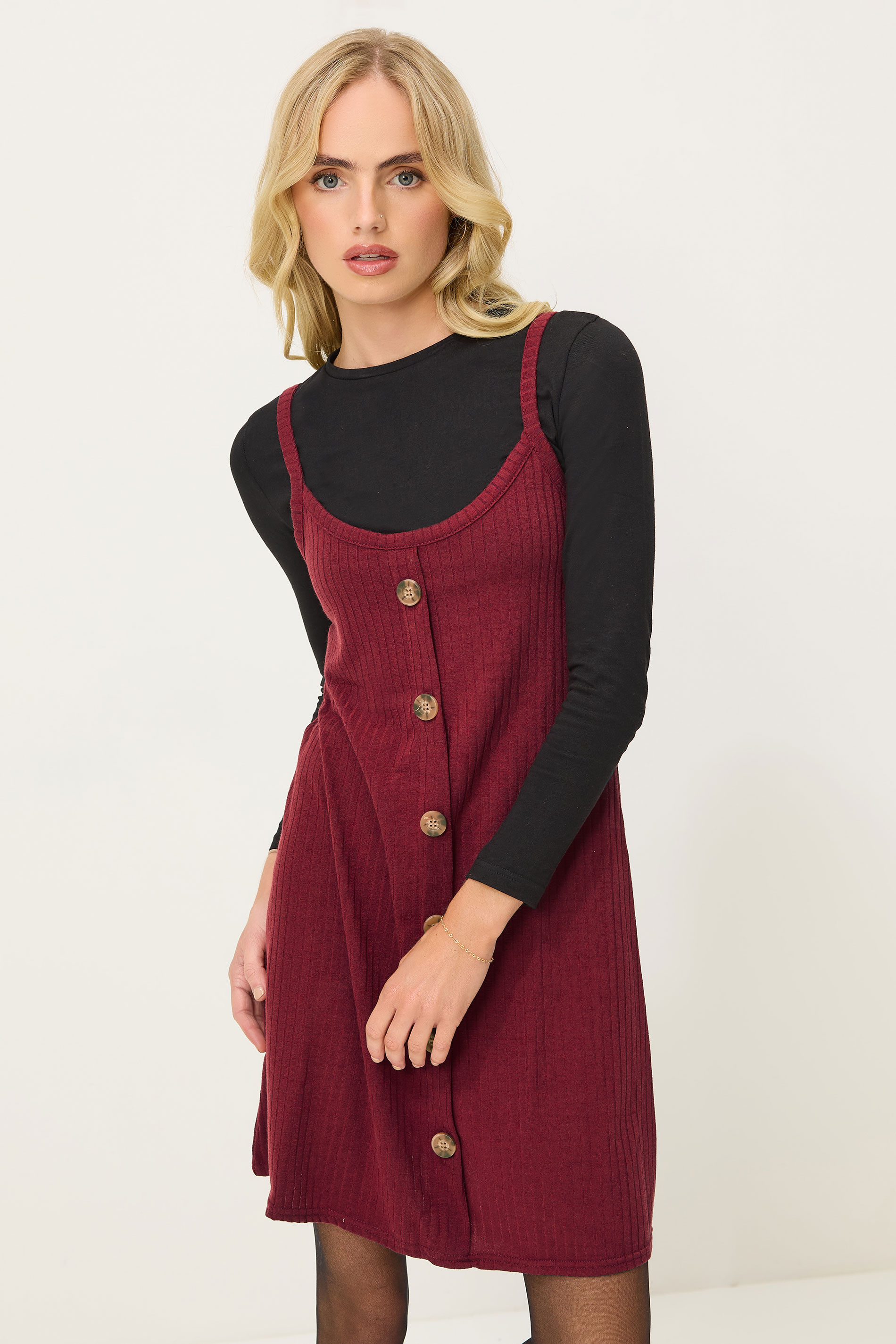 PixieGirl Petite Burgundy Red Ribbed Button Mini Dress | PixieGirl 3