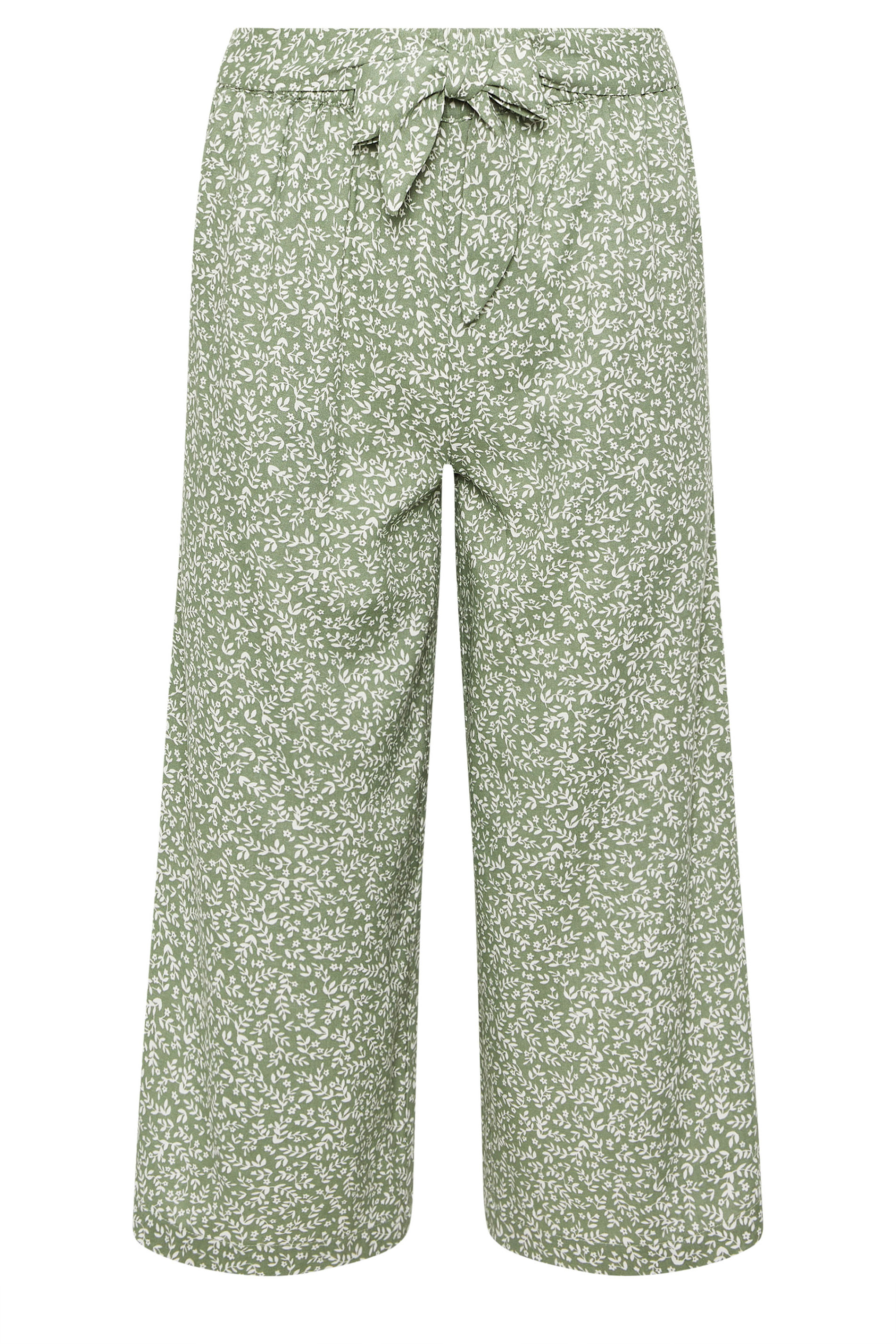 PixieGirl Petite Women's Sage Green Leaf Print Cropped Trousers | PixieGirl 5
