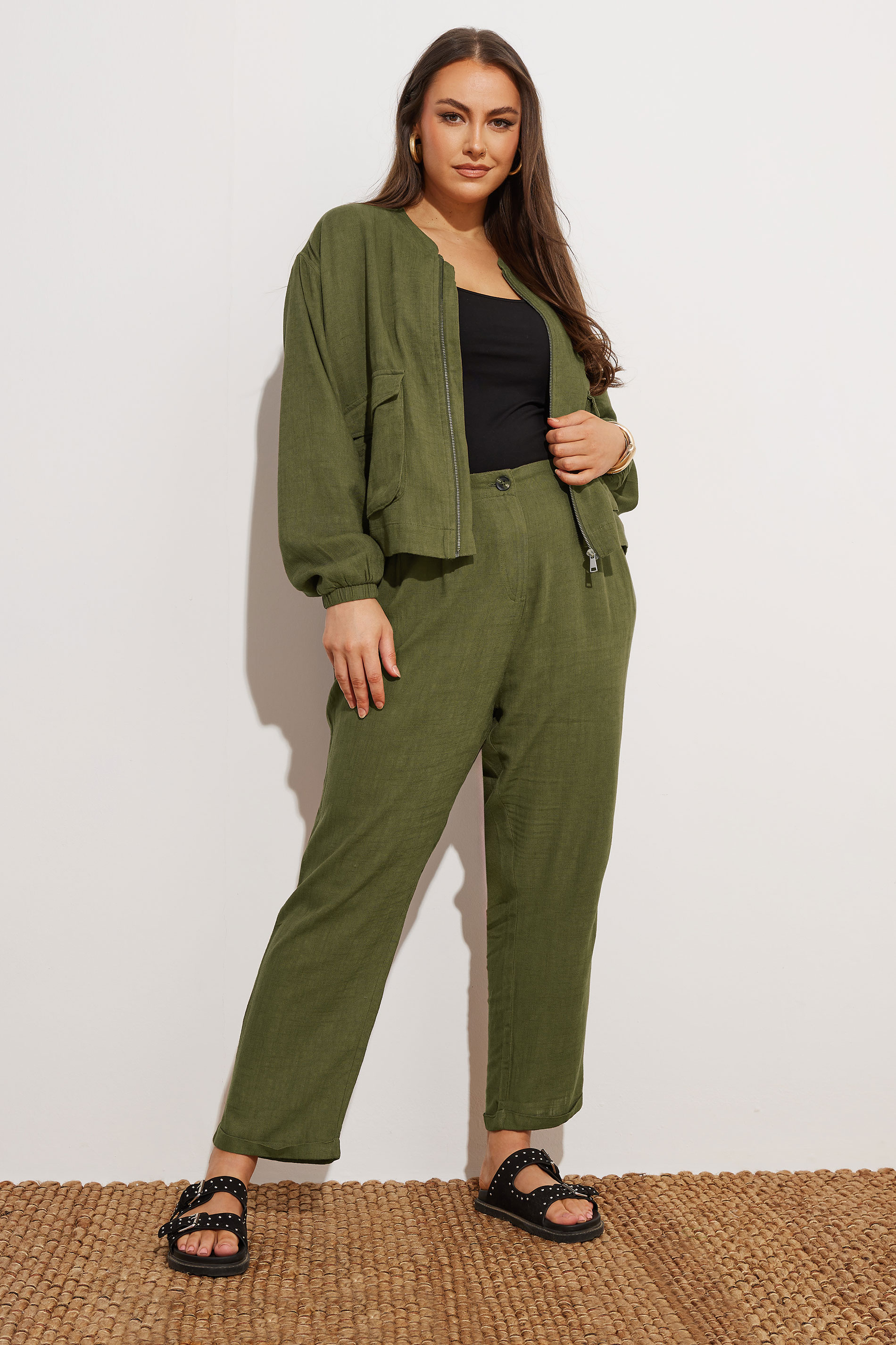 YOURS Plus Size Khaki Green Linen Bomber Jacket | Yours Clothing 2