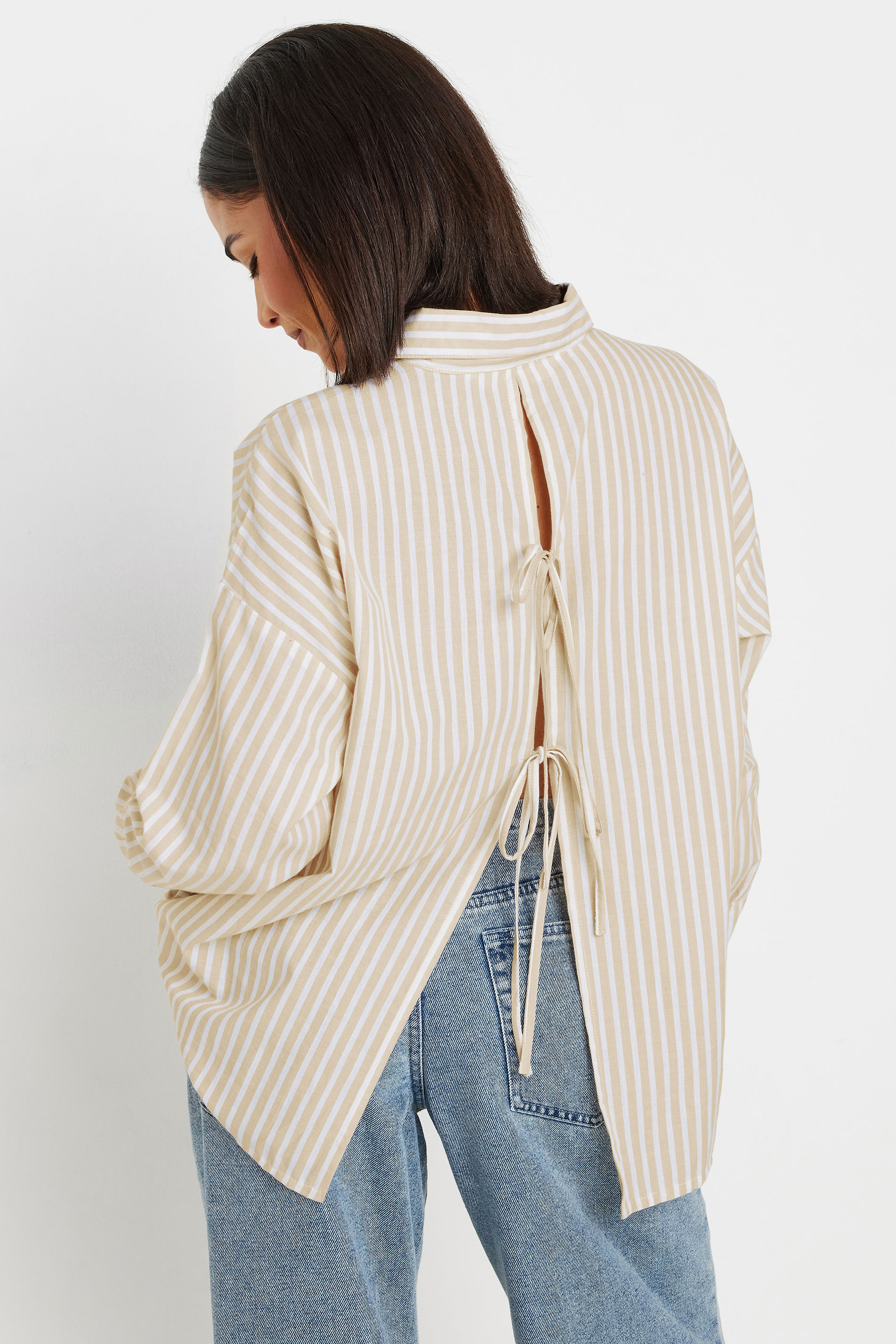 PixieGirl Petite Women's Stone Brown Stripe Tie Back Cotton Shirt | PixieGirl 4