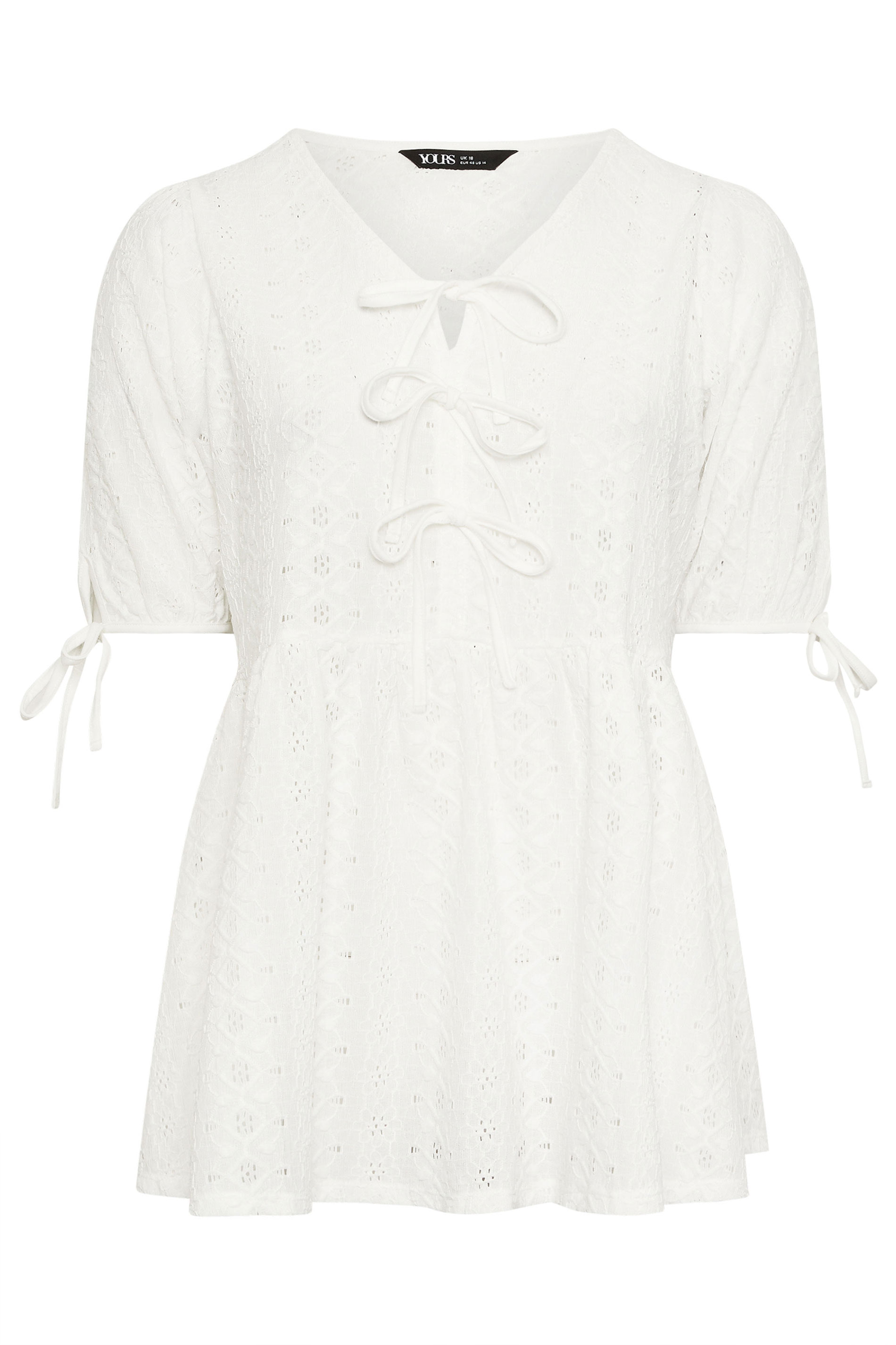 YOURS Plus Size White Broderie Anglaise Bow Tie Front Peplum Top | Yours Clothing 7