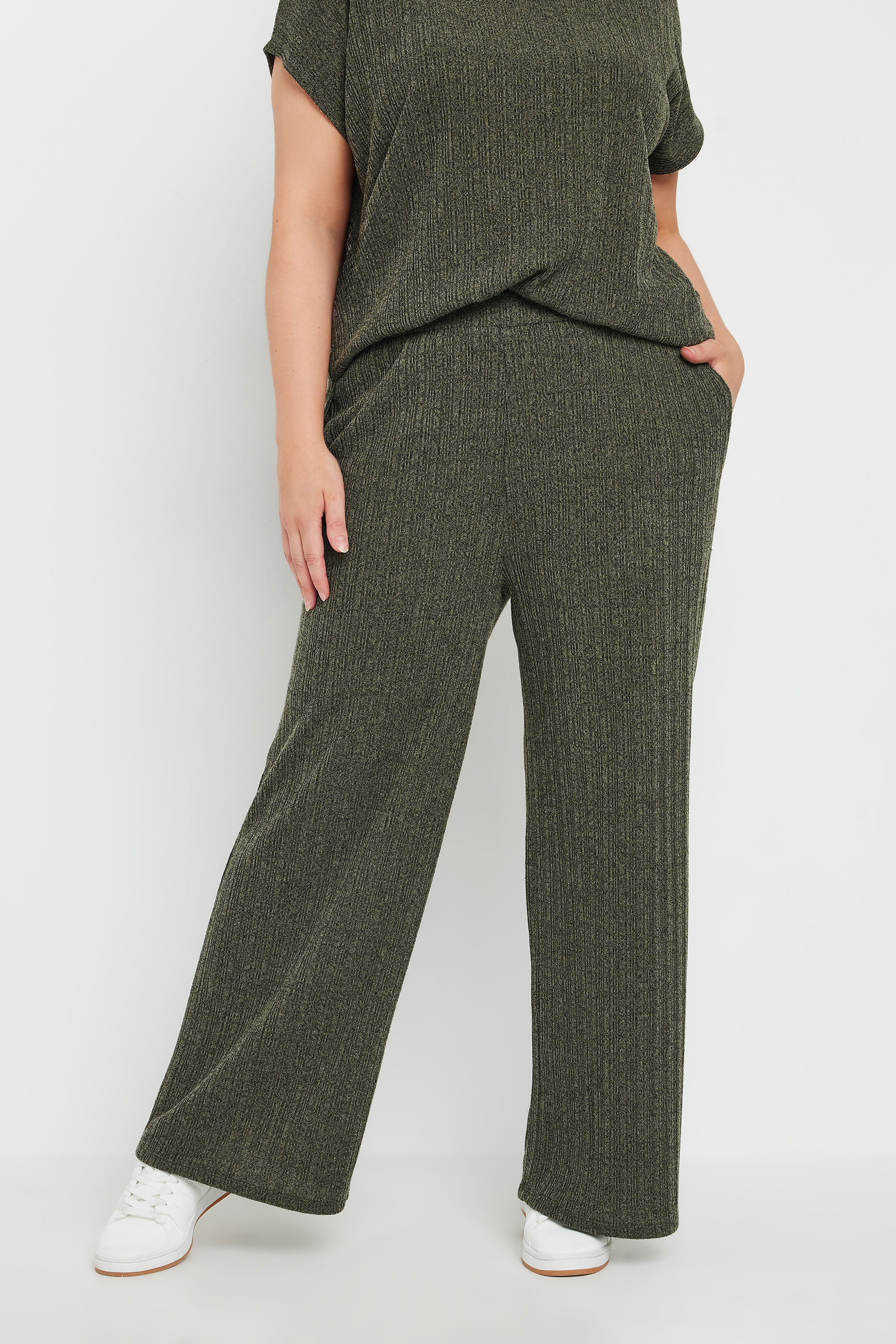 YOURS Plus Size Khaki Green Knitted Wide Leg Trousers | Yours Clothing 3