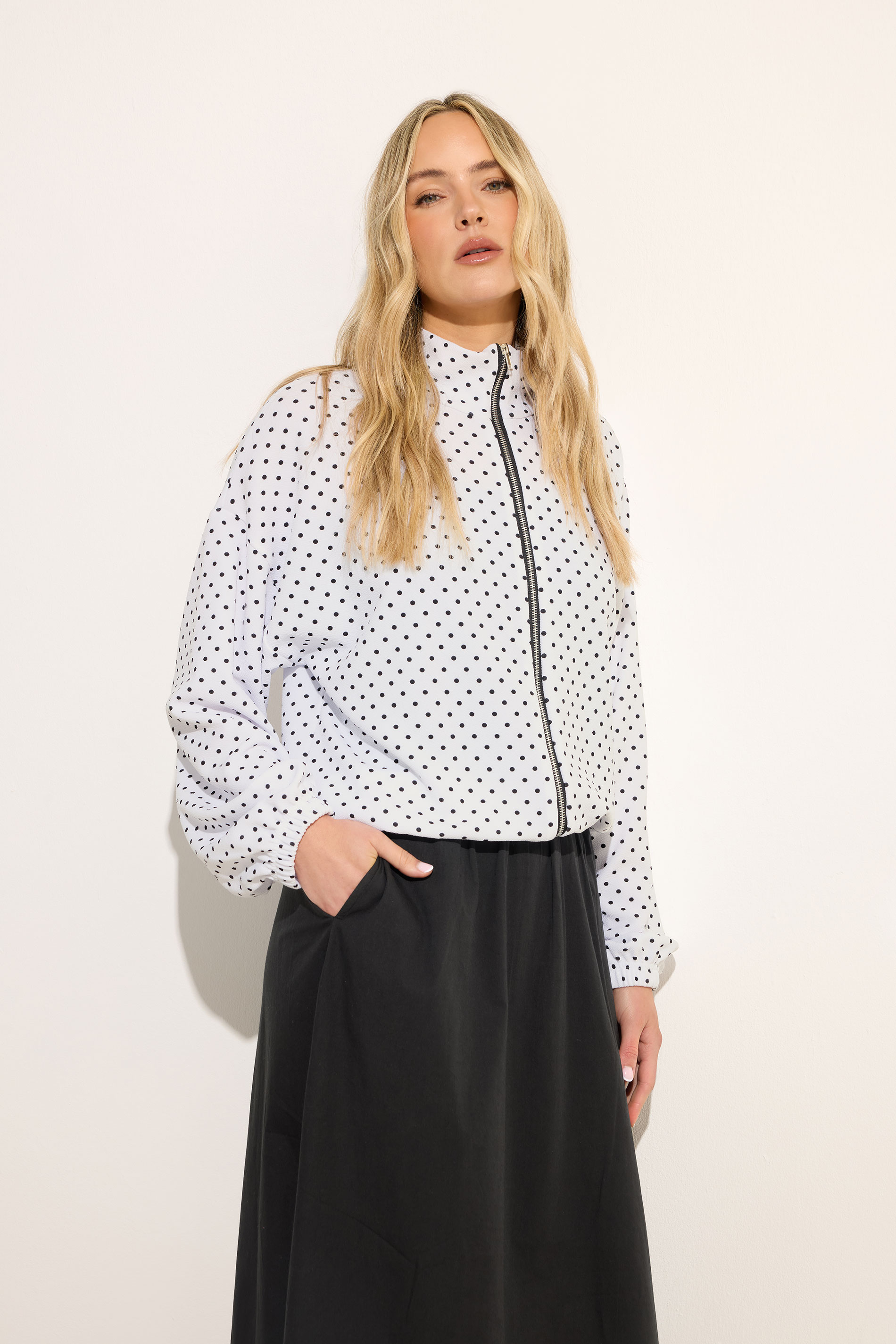 LTS Tall Women's White Polka Dot Funnel Neck Jacket | Long Tall Sally 3