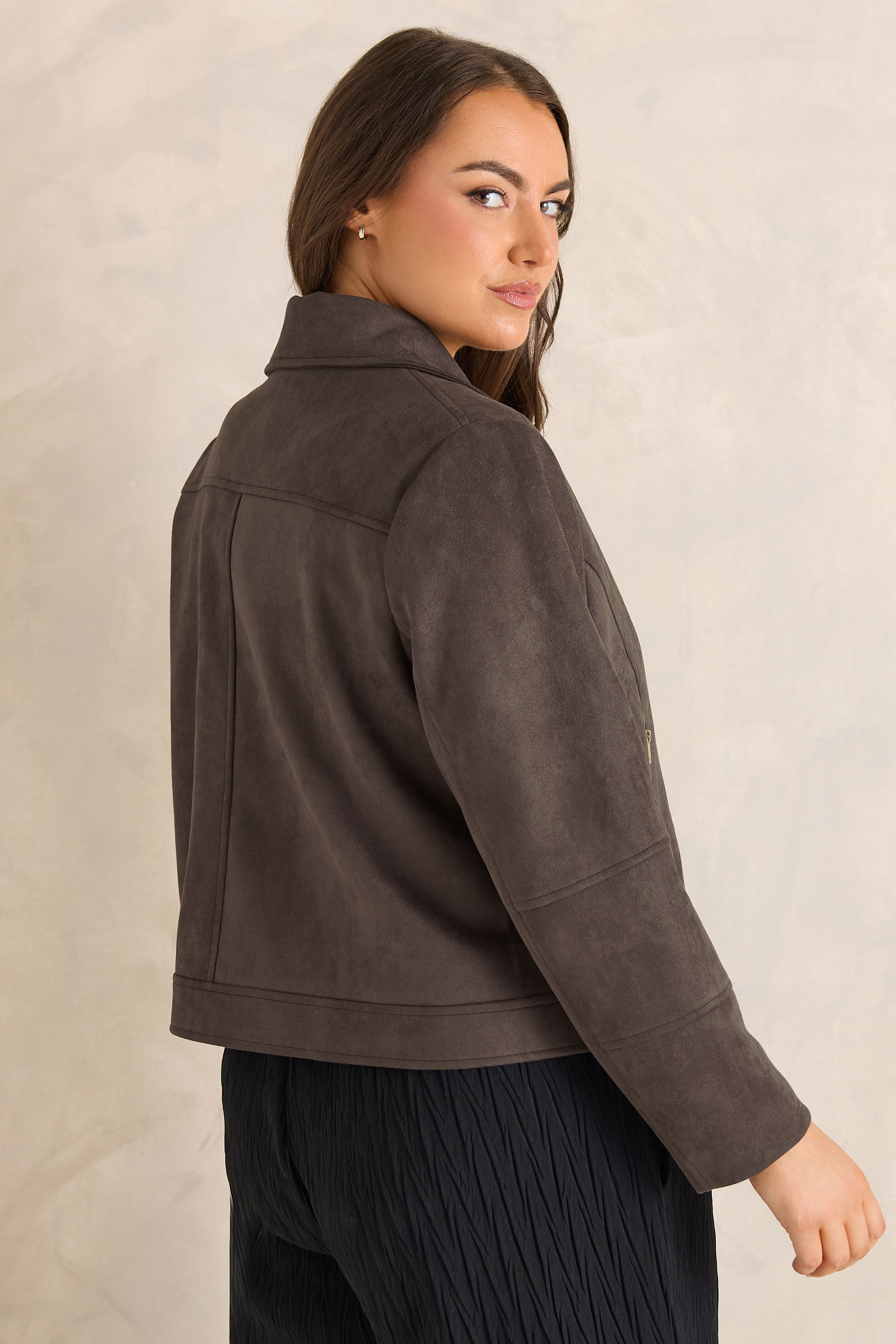 EVANS Plus Size Chocolate Brown Faux Suede Biker Jacket 5