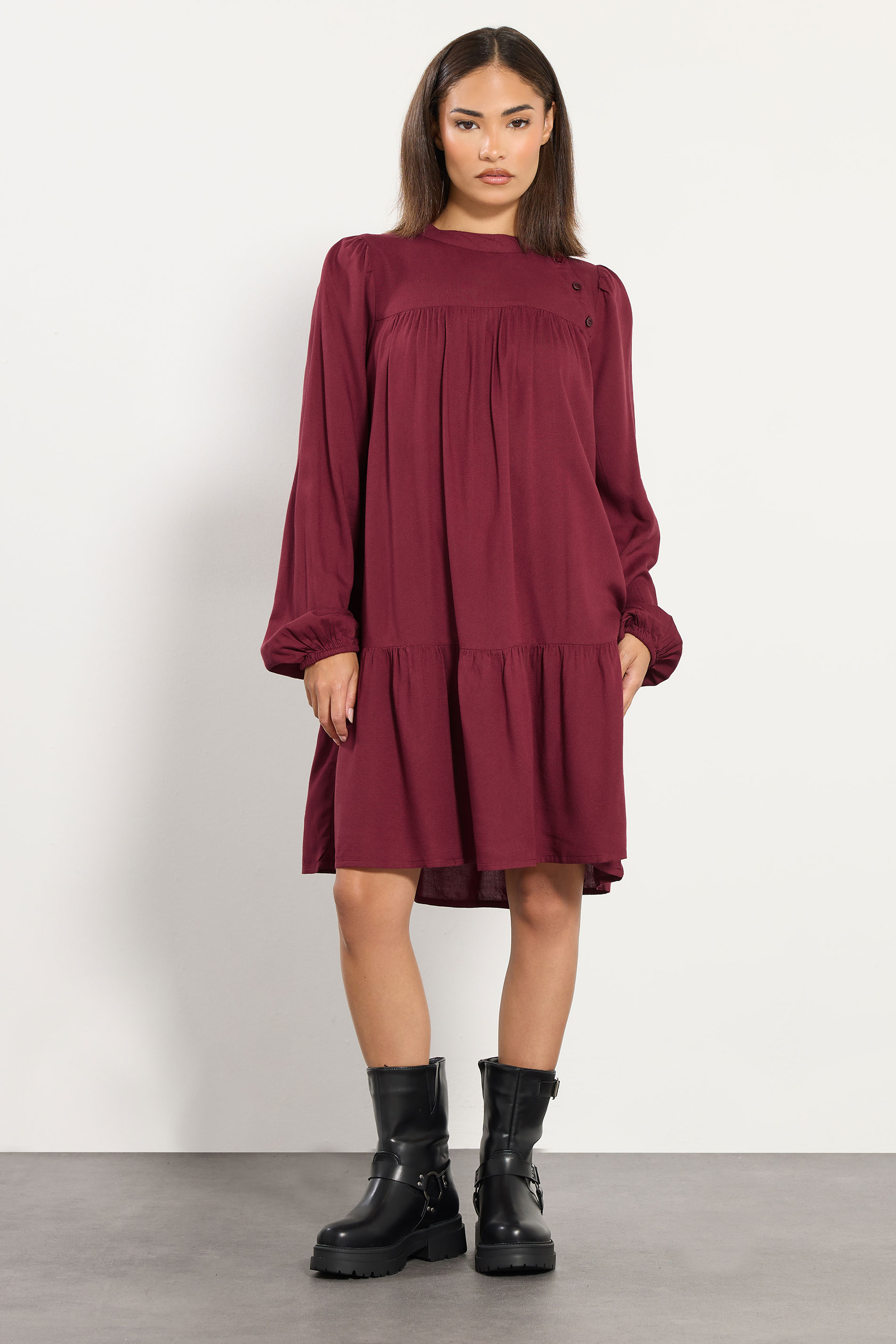 PixieGirl Petite Women's Dark Red Button Smock Midi Dress | PixieGirl 3
