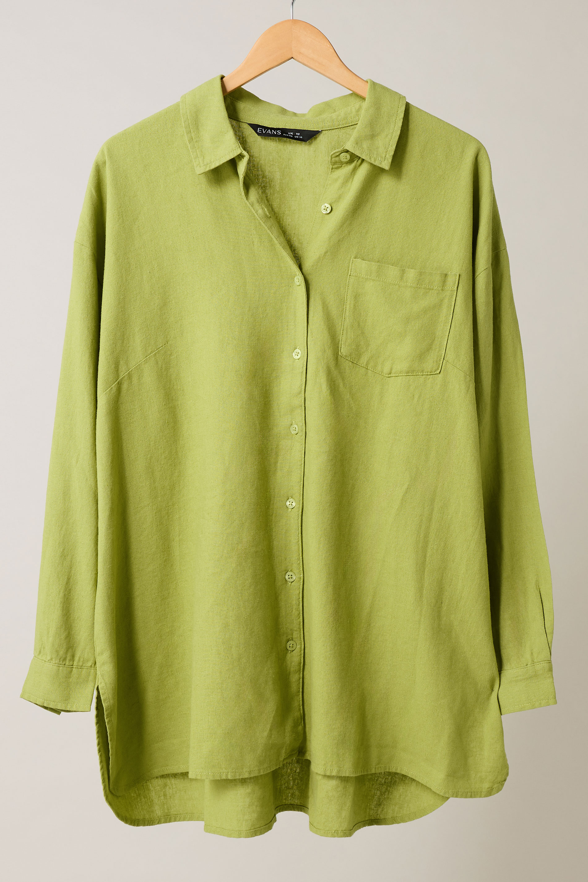 EVANS Plus Size Chartreuse Green Long Sleeve Premium Linen Shirt | Evans 8