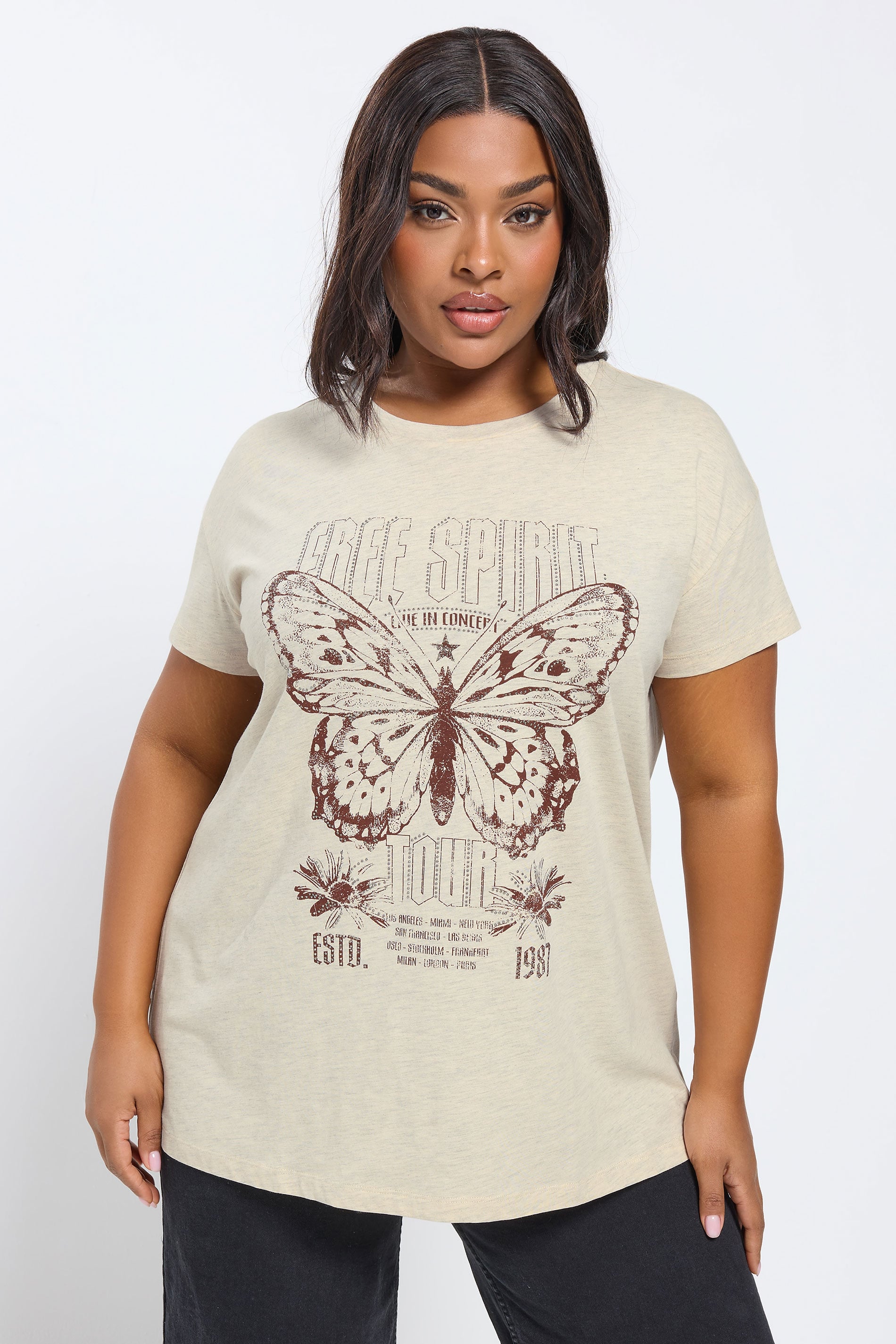 YOURS Plus Size Natural Brown 'Free Spirit' Embellished Graphic T-Shirt | Yours Clothing 3