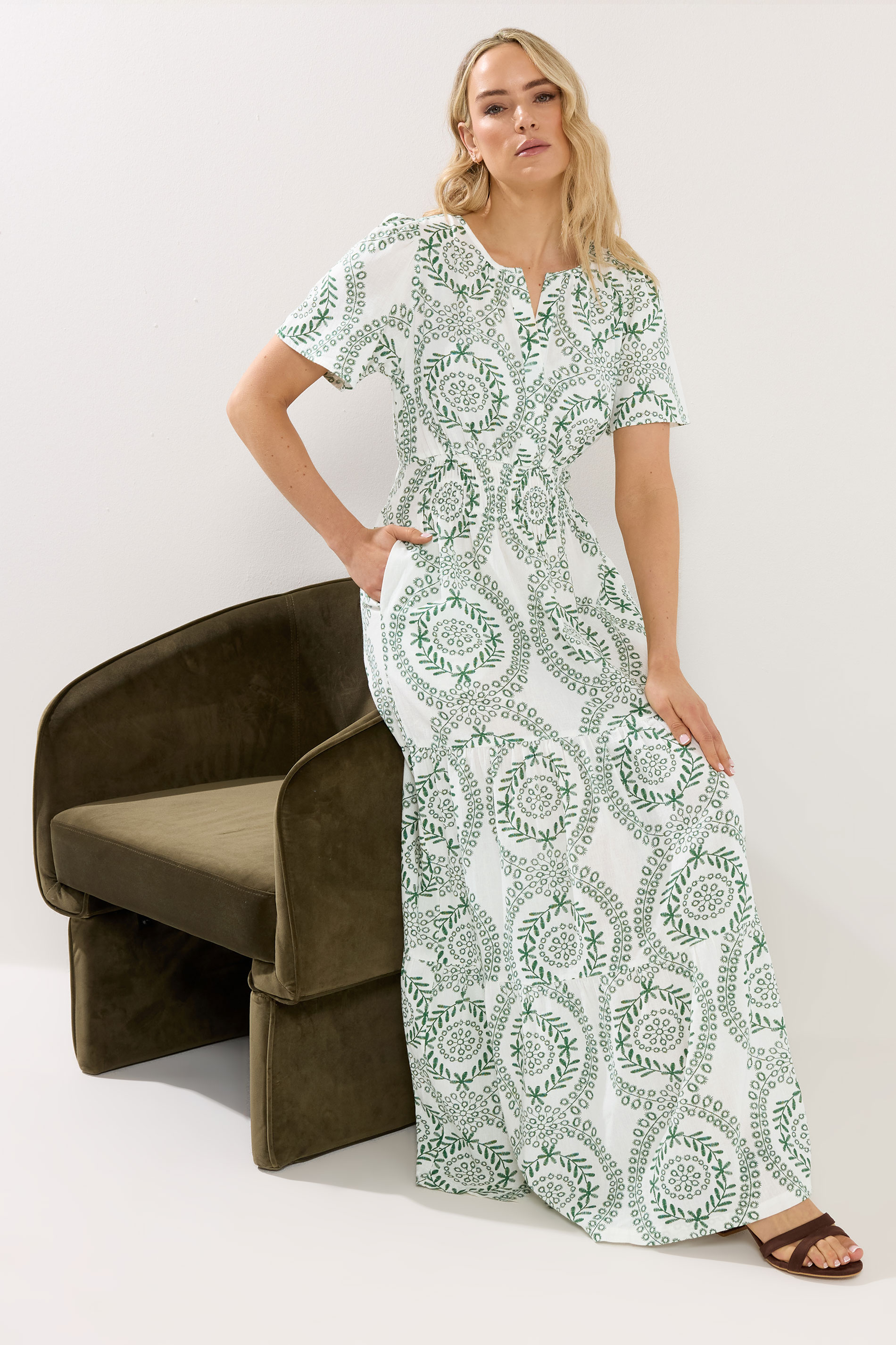 LTS Tall Women's Green & White Leaf Print Linen Maxi Dress | Long Tall Sally 2