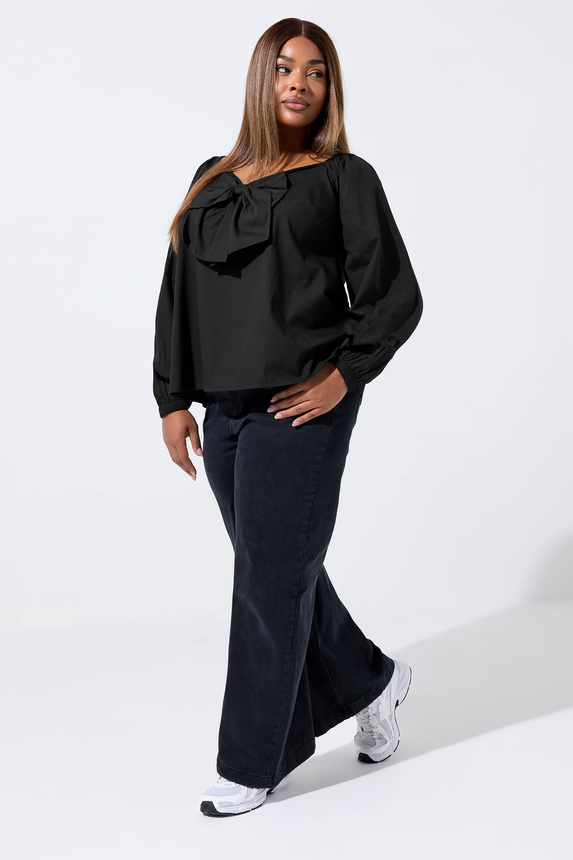 LIMITED COLLECTION Plus Size Black Bow Front Poplin Top | Yours Clothing 1