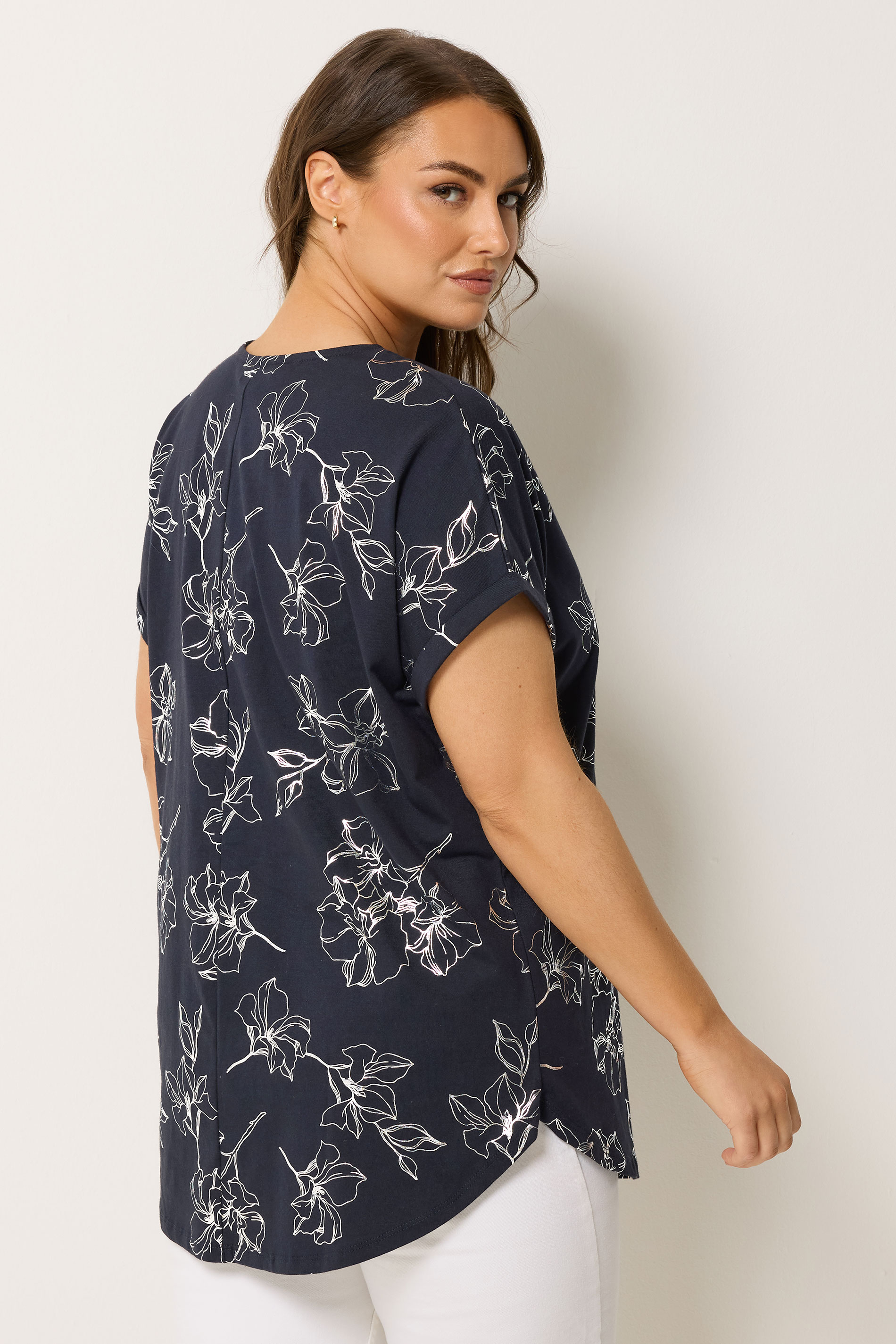 YOURS Plus Size Black Floral Foil Notch Neck Top | Yours Cloting 2
