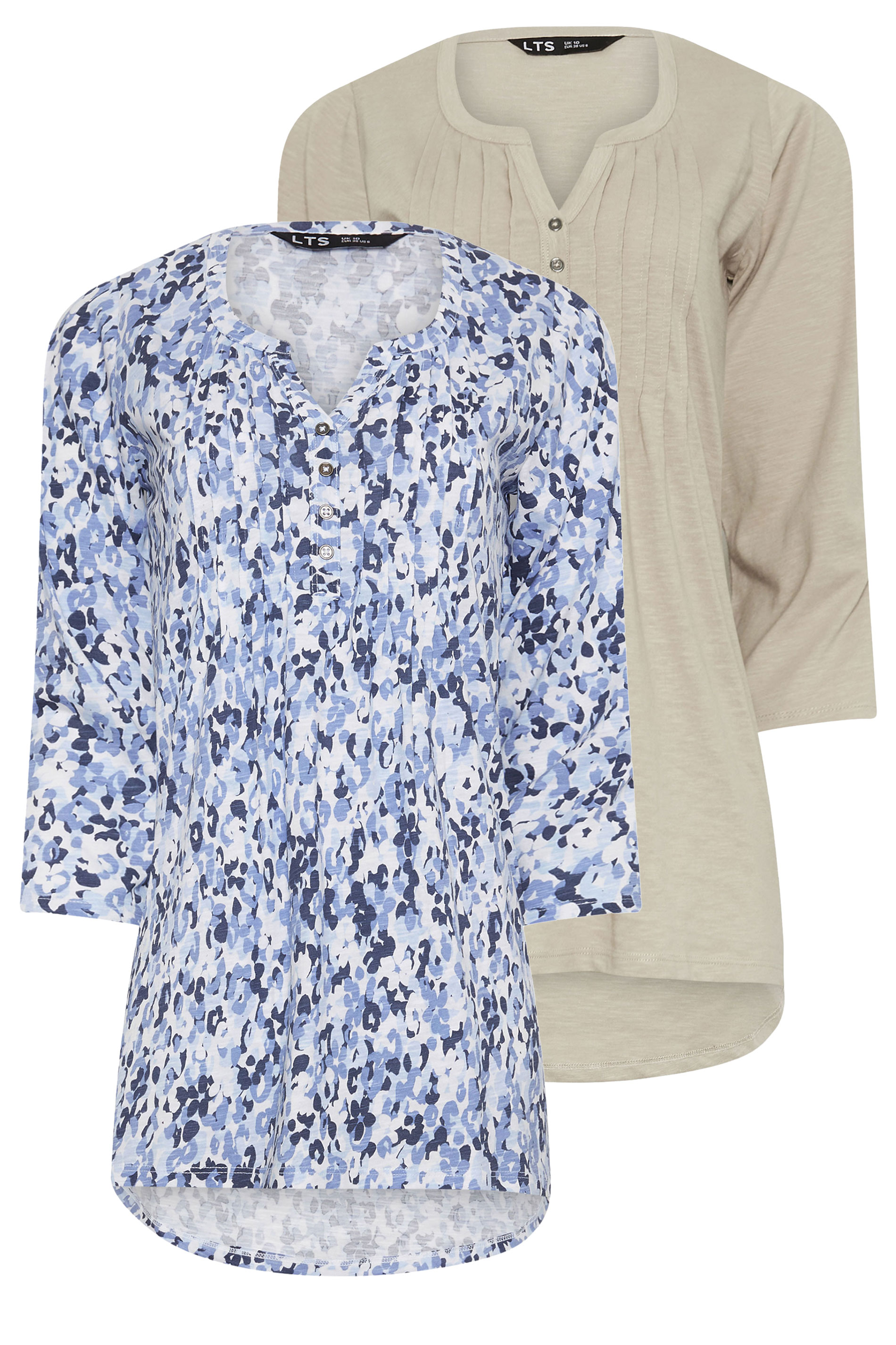 LTS Tall 2 PACK Beige Brown & Blue Cotton Henley Tops | Long Tall Sally 3