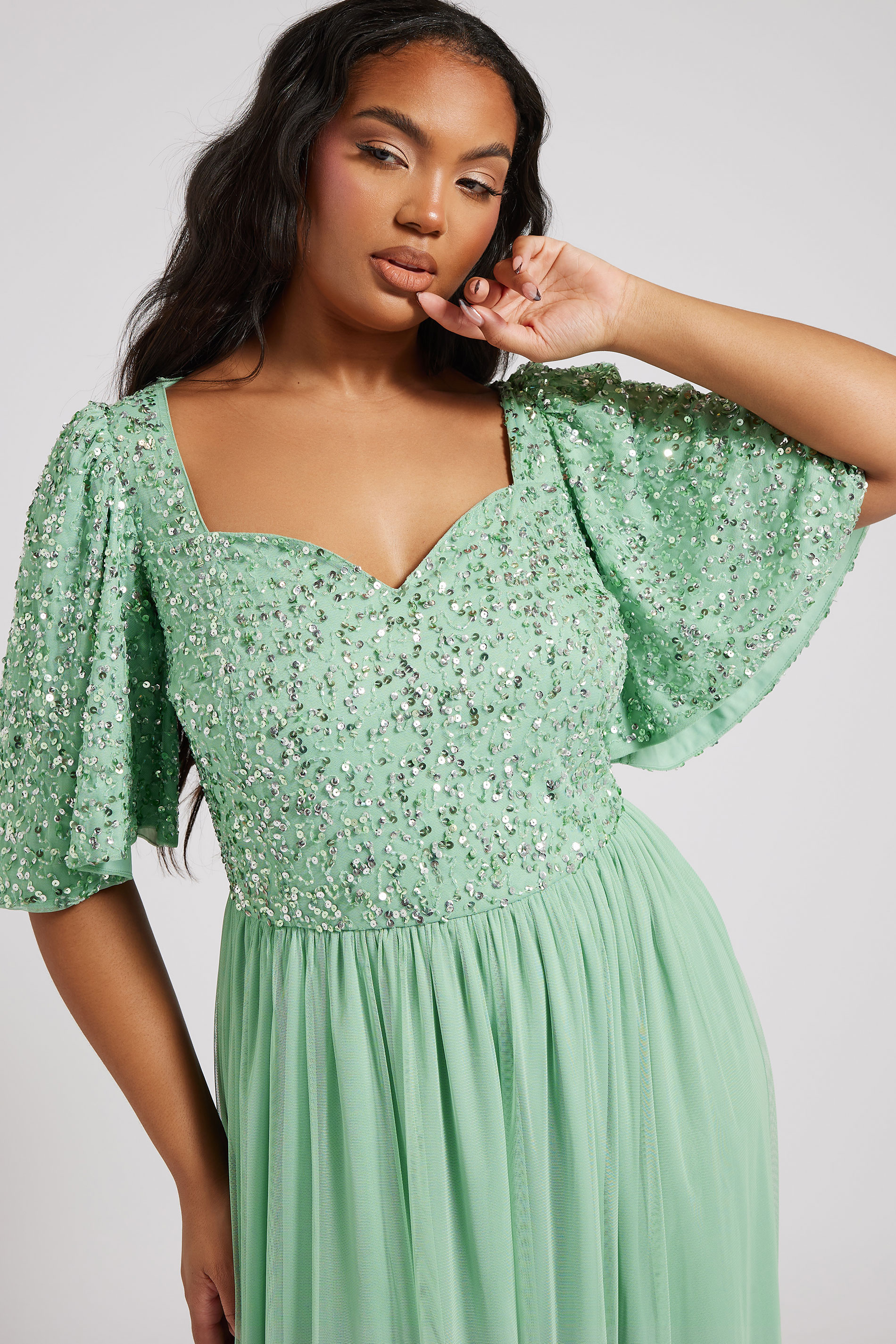 LUXE Plus Size Sage Green Embellished Ruffle Maxi Dress | Yours Clothing 4