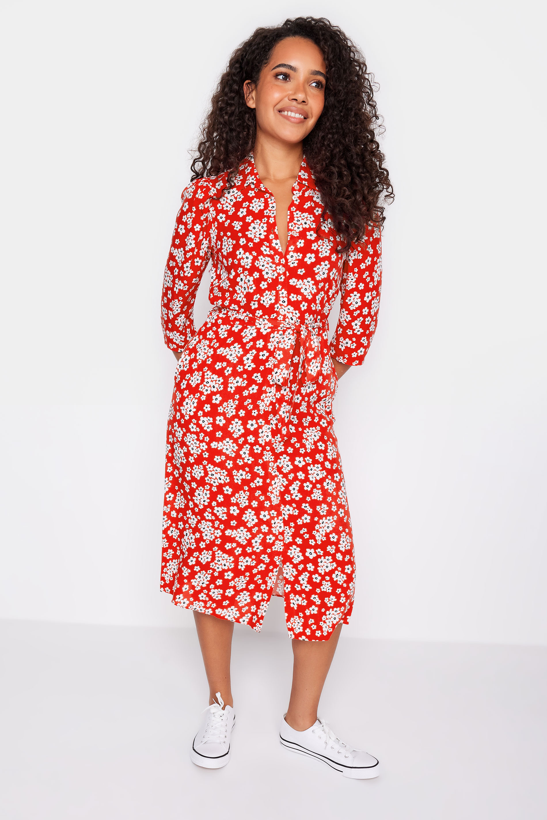 M&Co Red Floral Print Button Through Midi Dress | M&Co