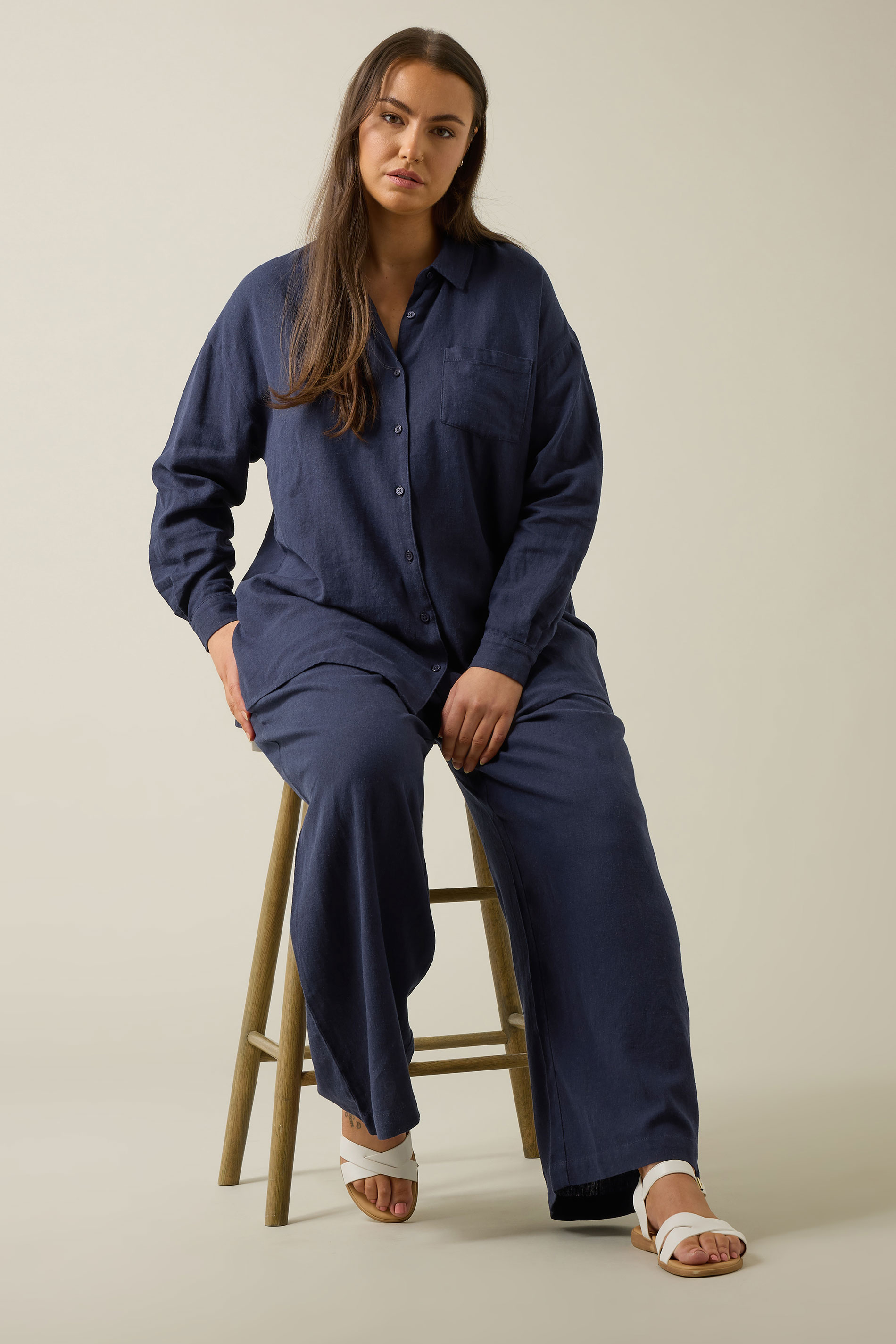 EVANS Plus Size Navy Blue Wide Leg Premium Linen Trousers | Evans 1