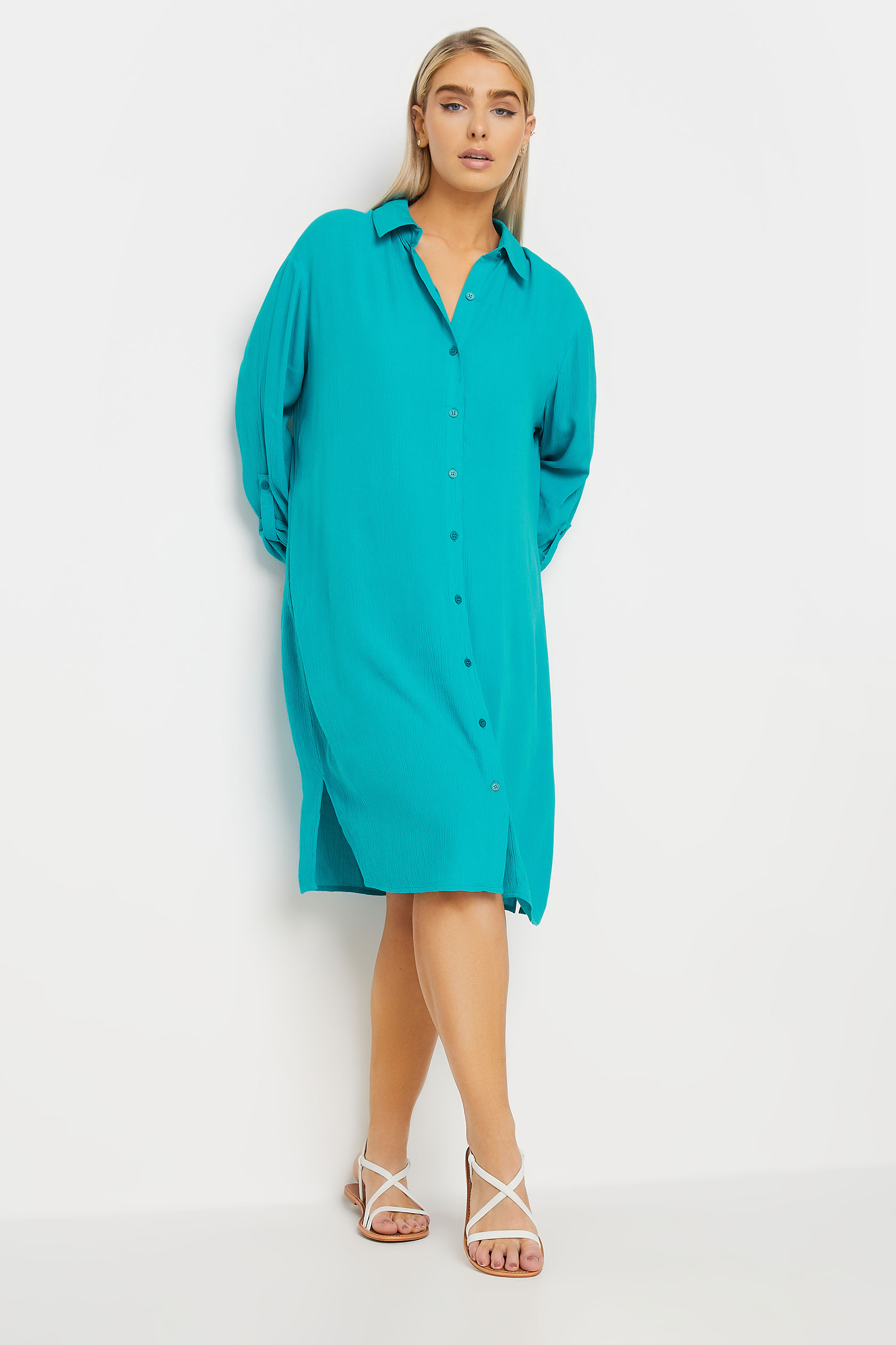 M&Co Turquoise Blue Long Sleeve Crinkle Shirt Dress | M&Co 1