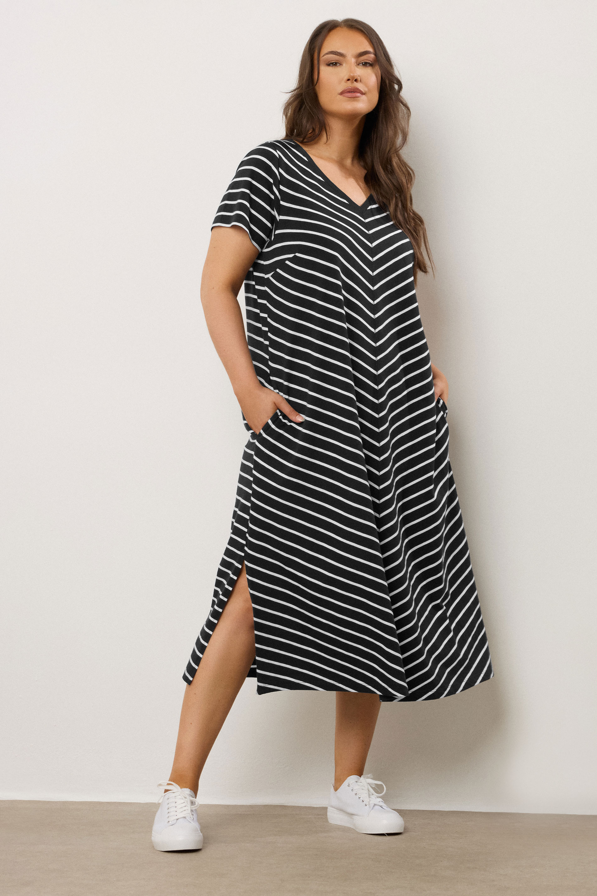 EVANS Plus Size Black Stripe Premium Cotton Dress | Evans 3