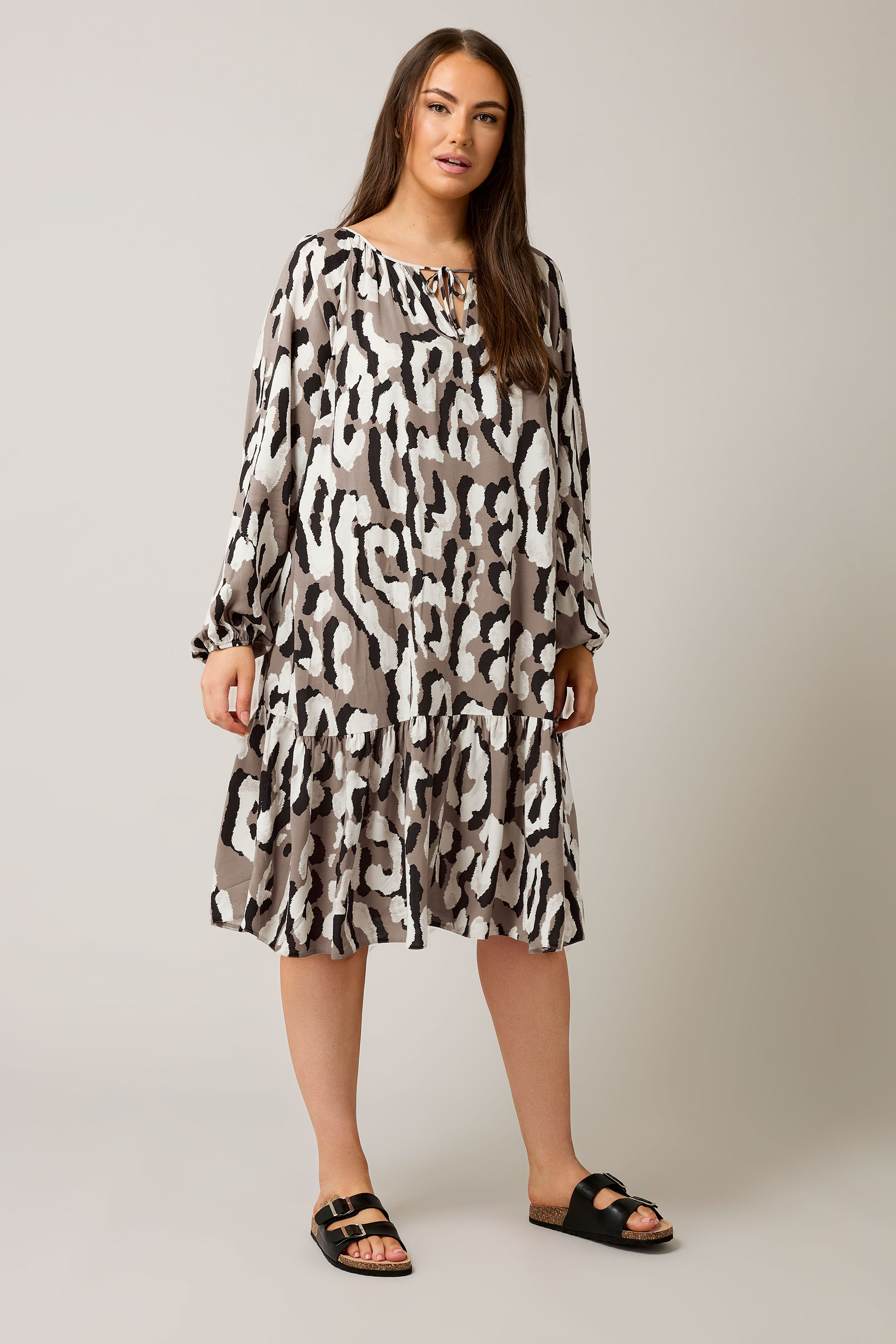 EVANS Plus Size Brown Animal Print Tiered Mini Dress | Evans 1