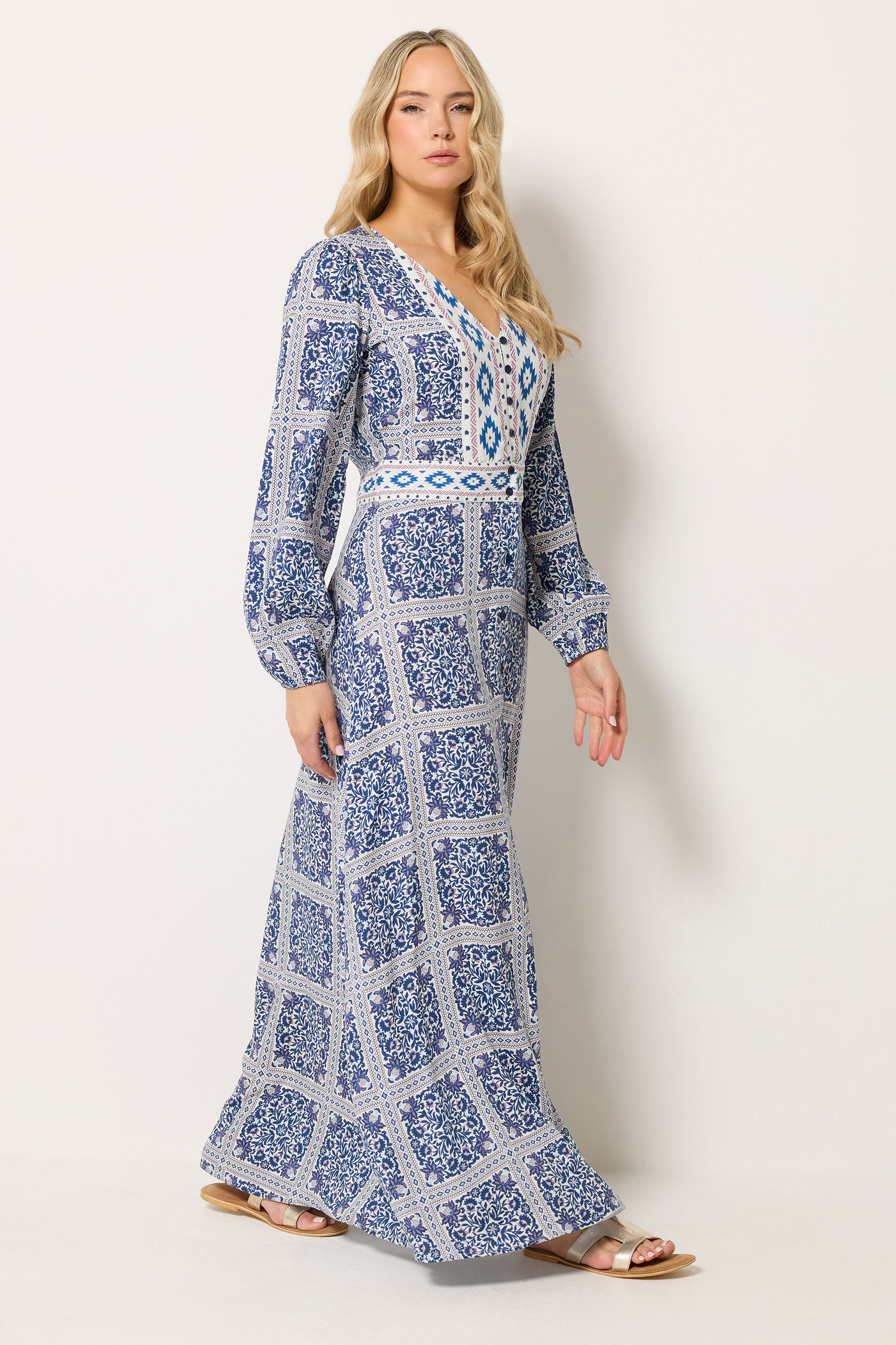 LTS Tall Women's Blue Tile Print Button Maxi Dress | Long Tall Sally 1