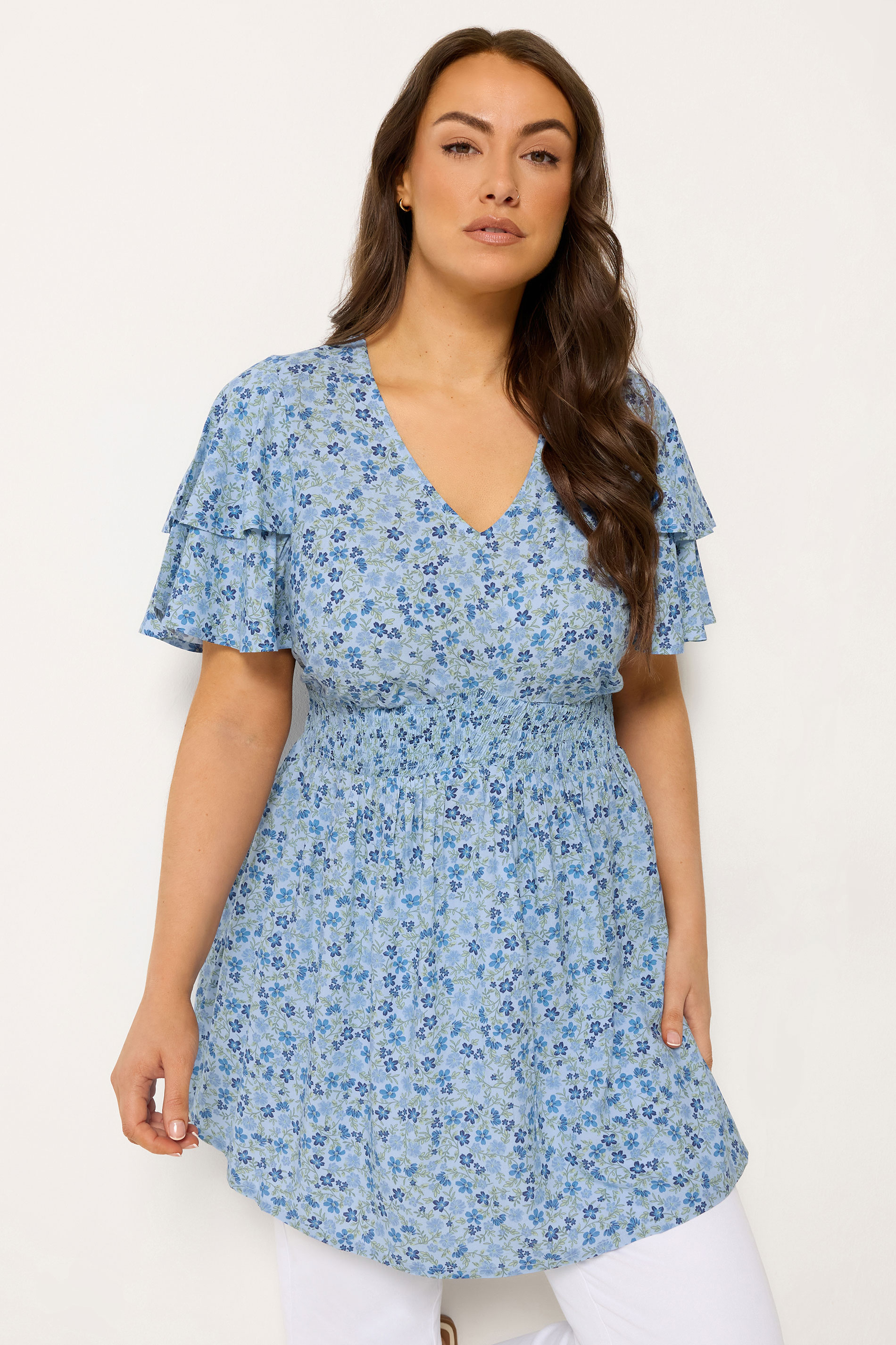 YOURS Plus Size Blue Ditsy Floral Flutter Sleeve Top | Yours Clothing 3