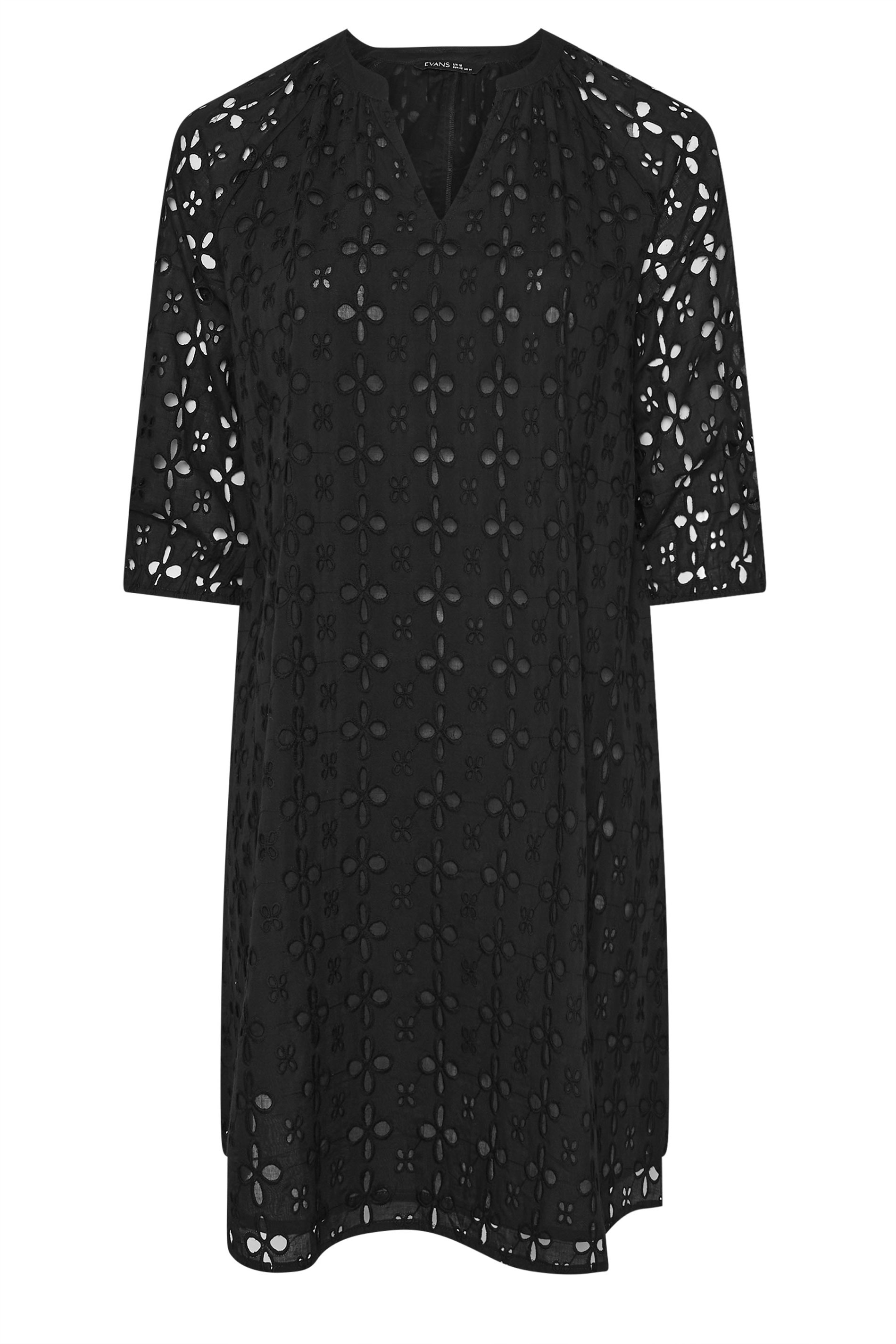 EVANS Plus Size Black Long Sleeve Broderie Dress | Evans 5