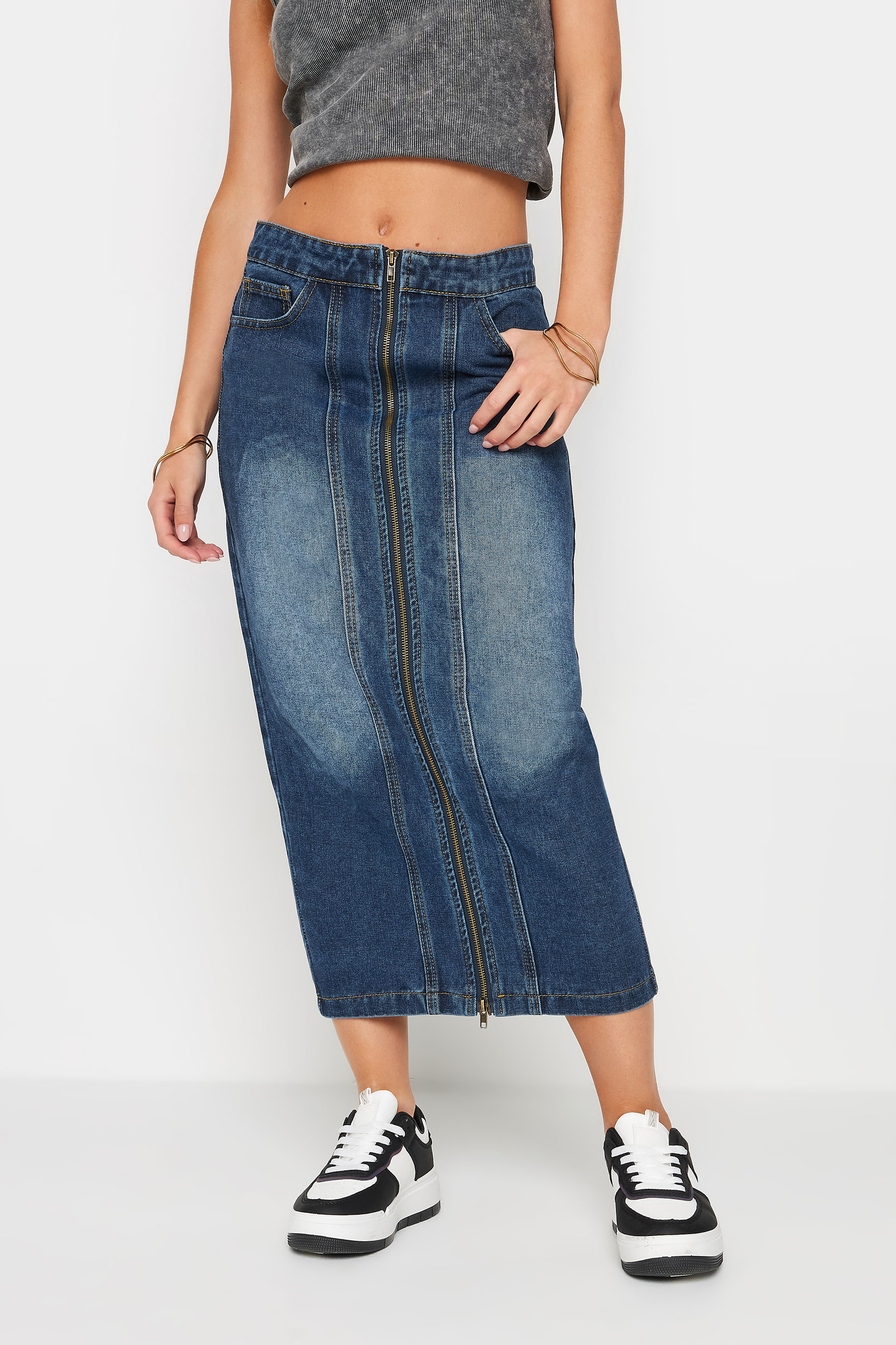 PixieGirl Petite Women's Blue Denim Zip Front Midi Skirt | PixieGirl 1