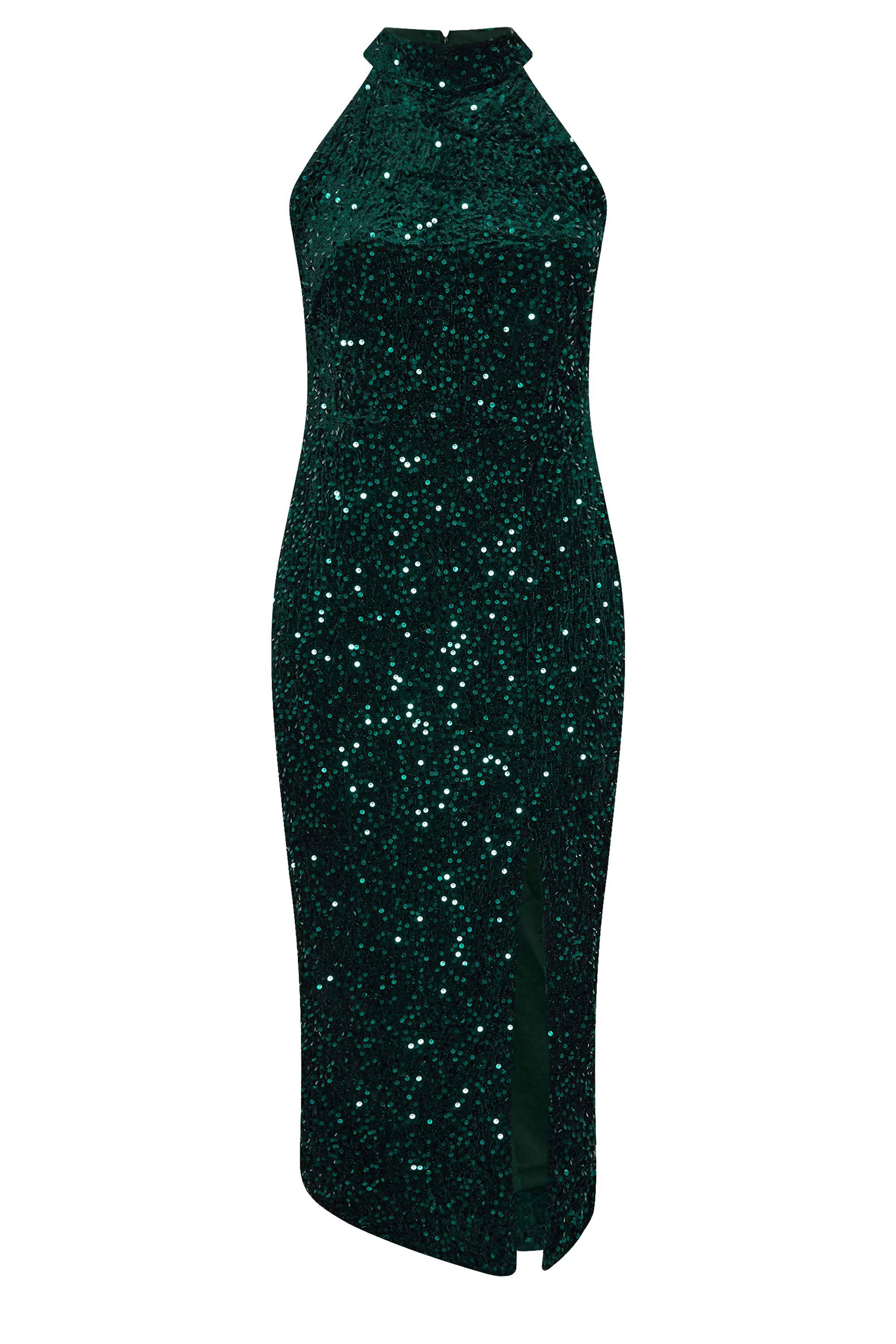 YOURS LONDON Plus Size Green Velvet Sequin Halterneck Maxi Dress | Yours Clothing 6