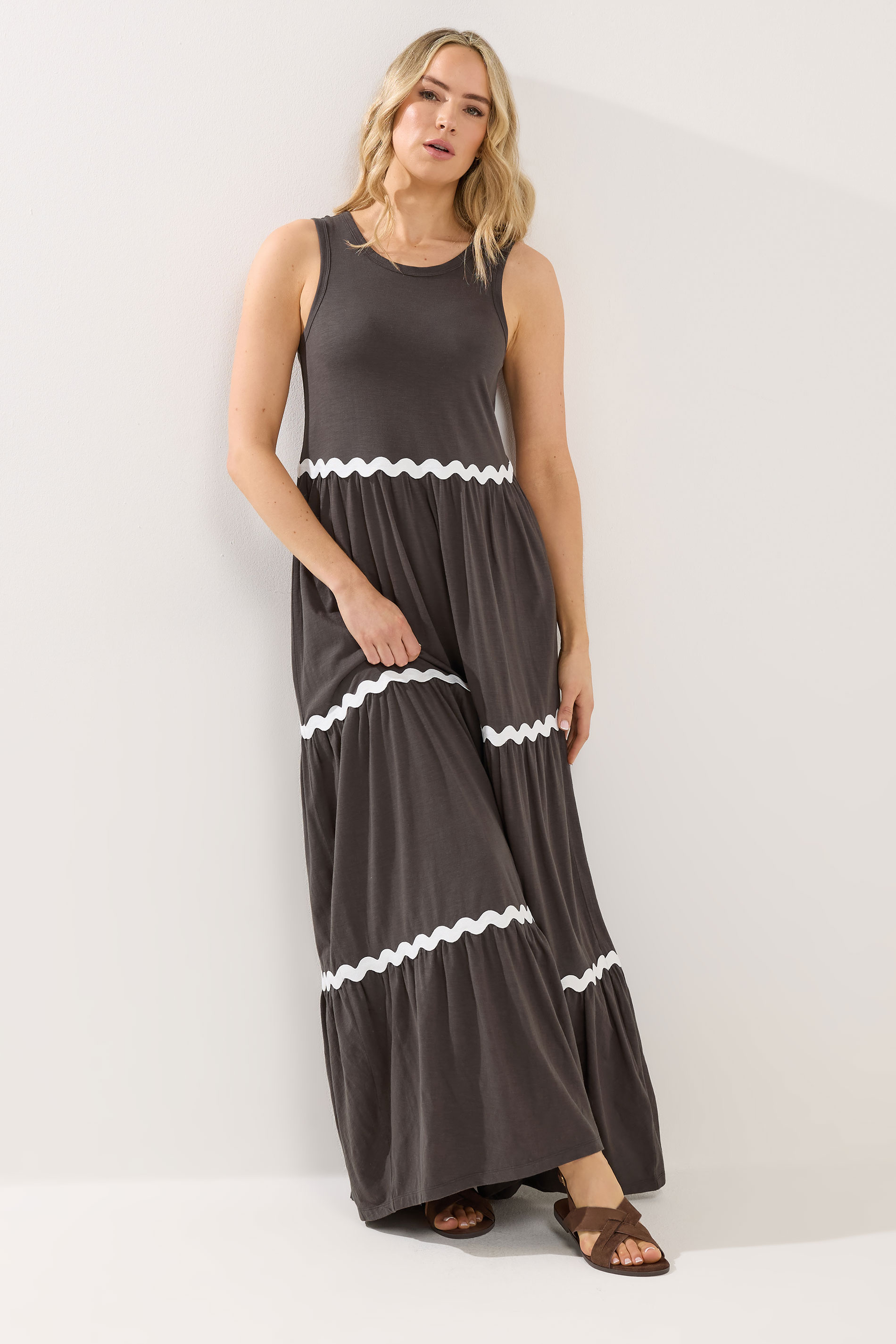 LTS Tall Women's Chocolate Brown Contrast Swirl Tiered Cotton Maxi Dress | Long Tall Sally 3