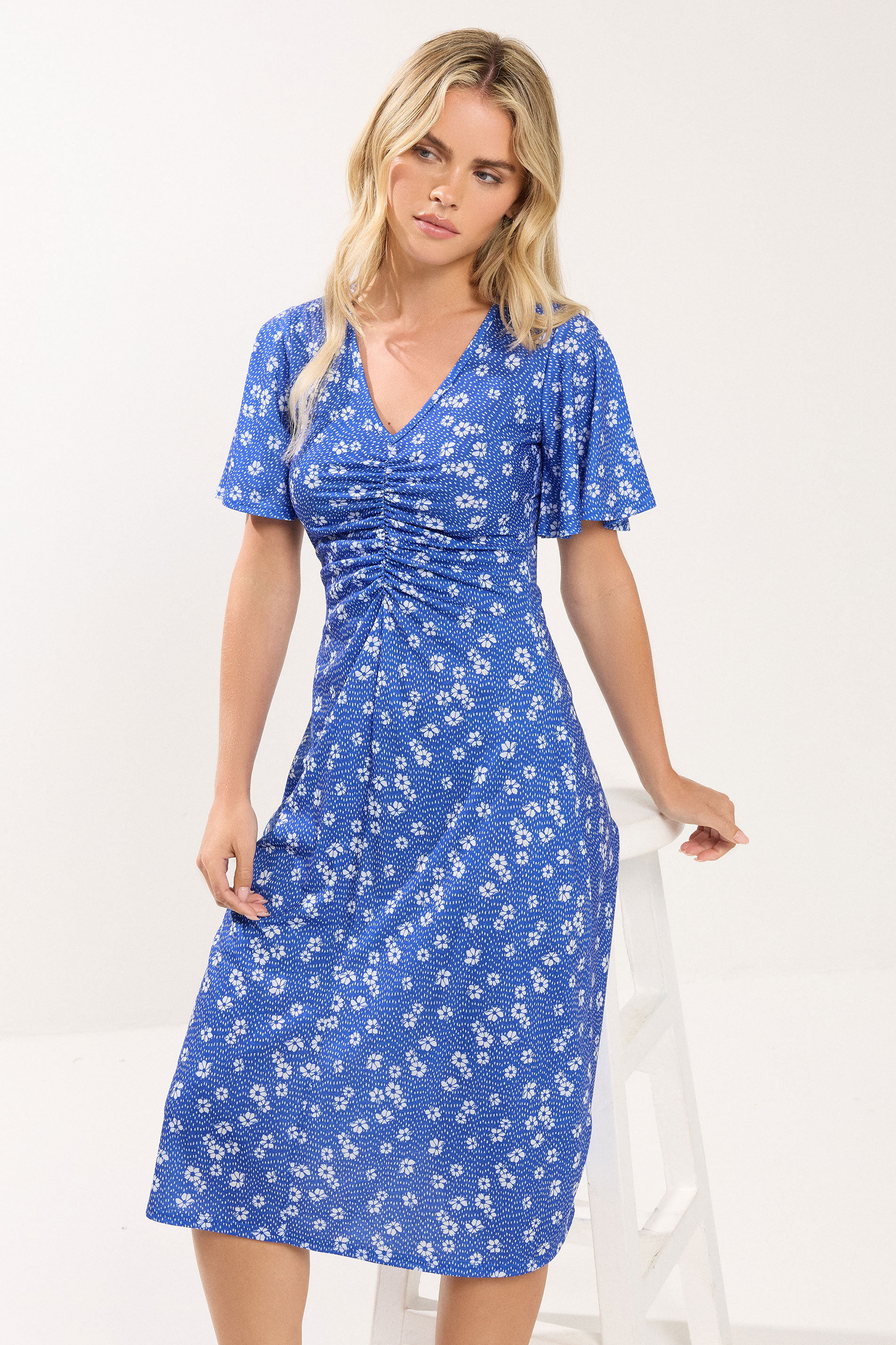 M&Co Petite Blue Ditsy Floral Print Flutter Sleeve Dress | M&Co 1