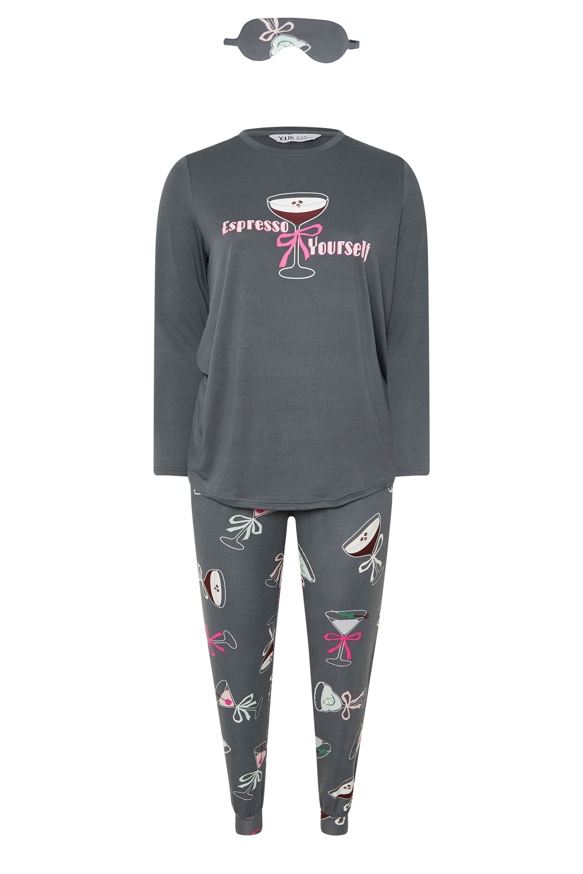 YOURS Plus Size Grey 'Espresso Yourself' Soft Touch Pyjama & Eye Mask Set | Yours Clothing 7