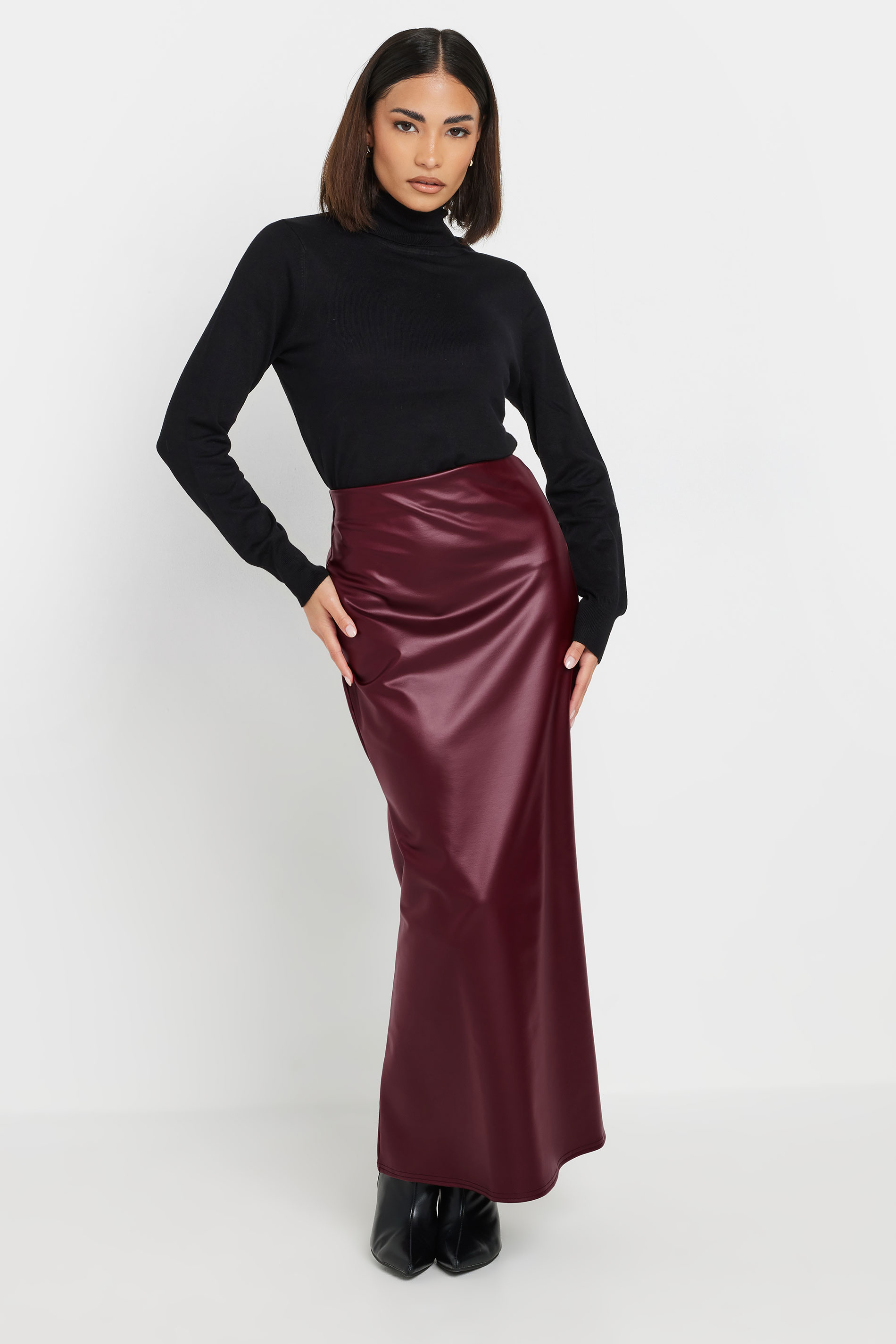 PixieGirl Petite Women's Burgundy Red Faux Leather Fishtail Skirt | PixieGirl 1