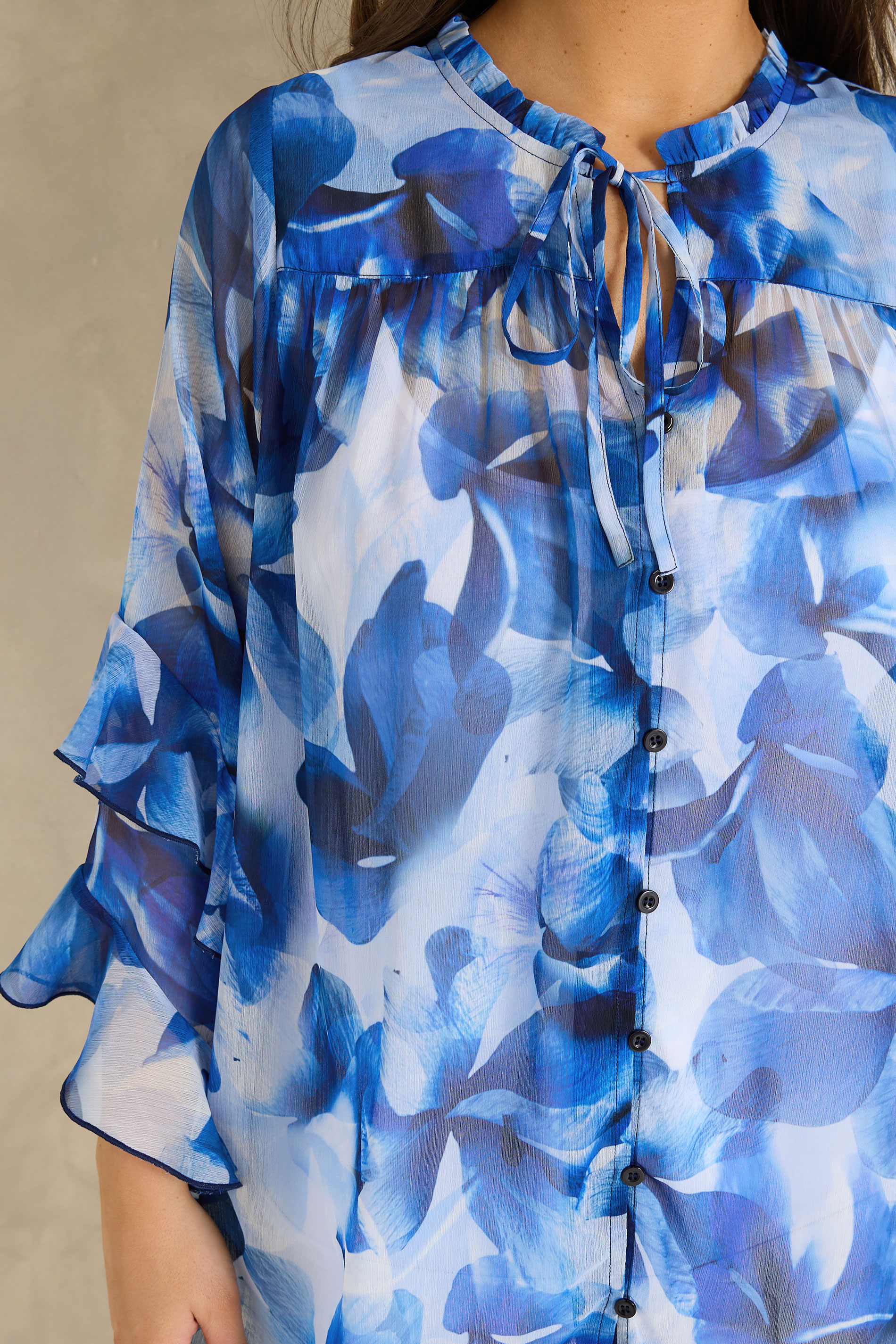 EVANS Plus Size Blue Floral Tie Neck Frill Blouse | Evans 4