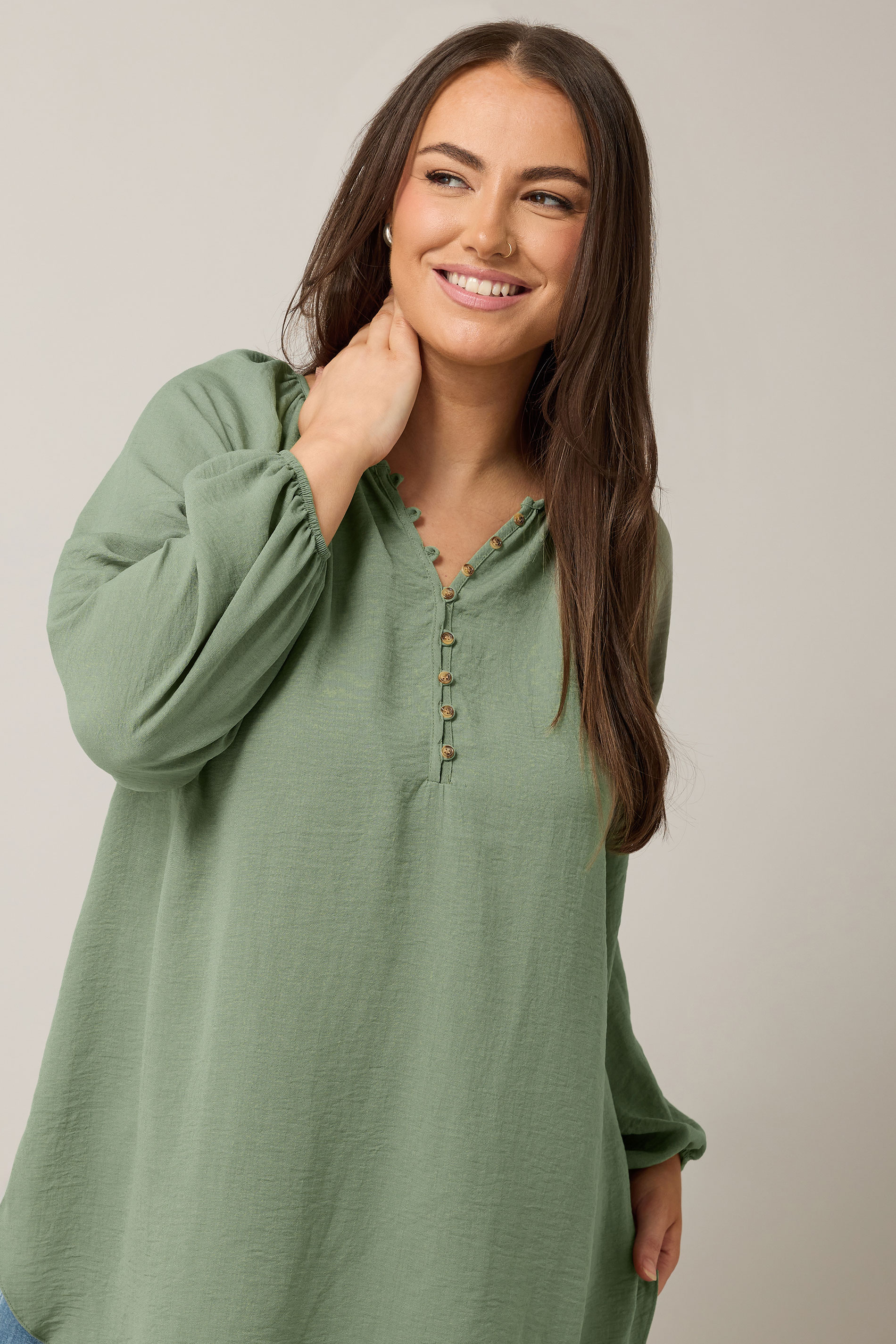EVANS Plus Size Khaki Green Button Front Long Sleeve Blouse | Evans 4