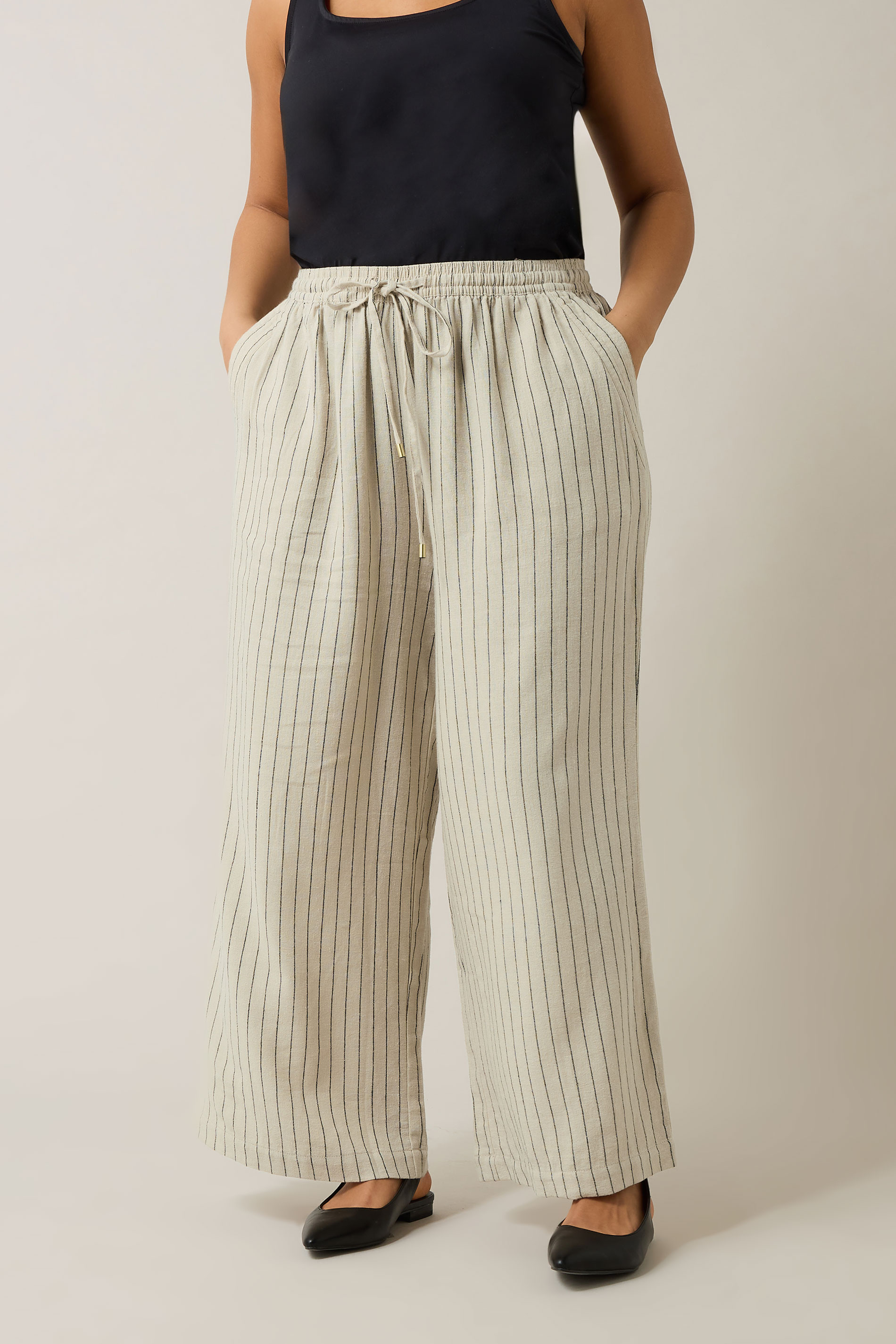 EVANS Plus Size Natural Brown Stripe Print Premium Linen Trousers | Evans 2