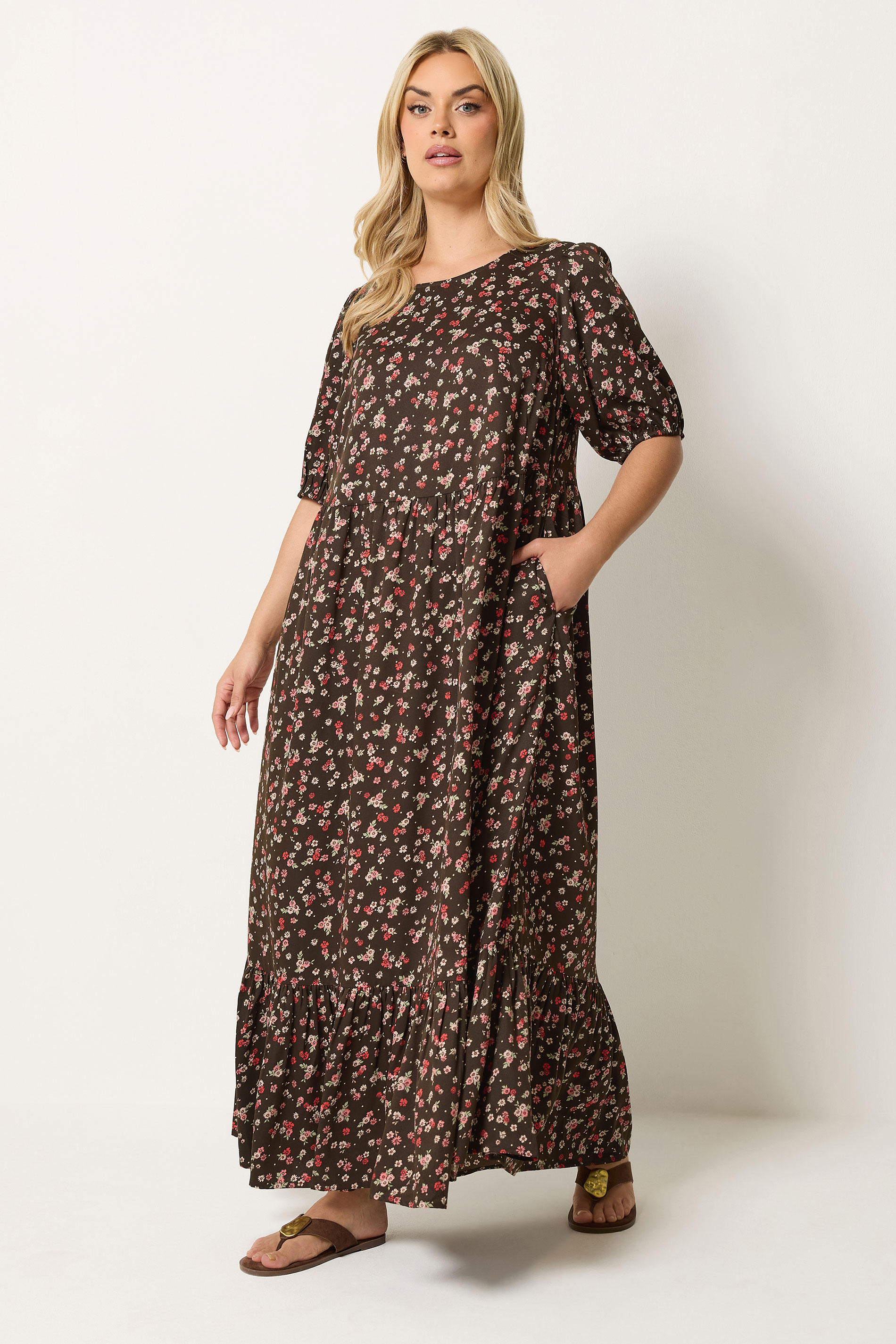 YOURS Plus Size Brown Ditsy Floral Smock Maxi Dress | Yours Clothing 1
