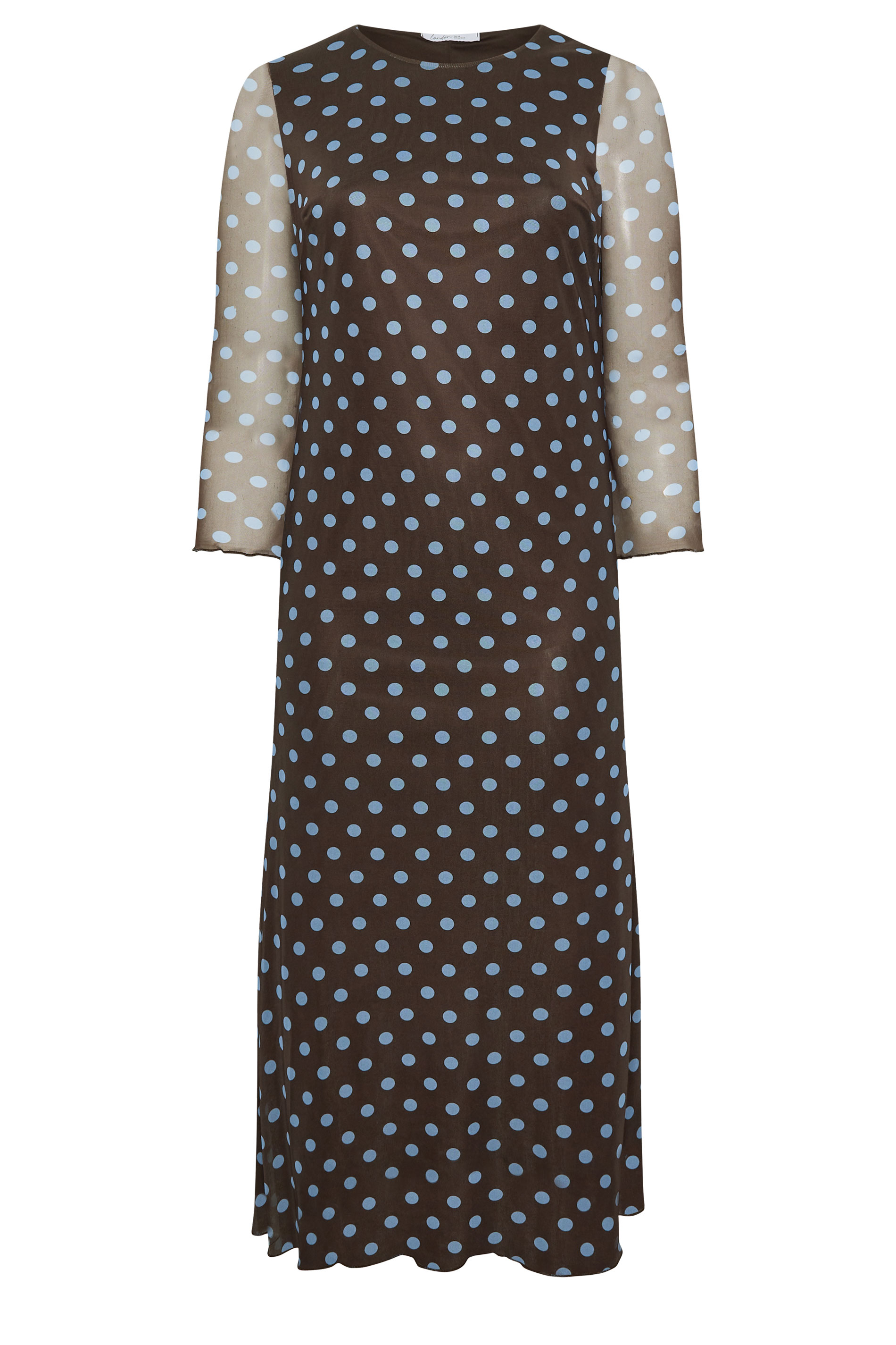 YOURS LONDON Plus Size Chocolate Brown & Blue Polka Dot Mesh Dress | Yours Clothing 5